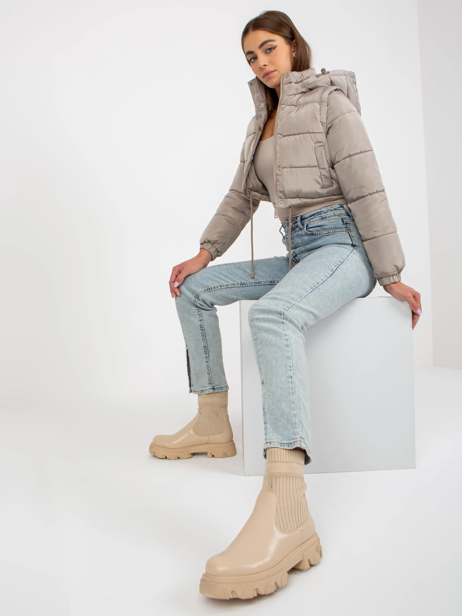 Jacheta Dama Maneca lunga, Guler inalt, Honey Winter, Bej Casual Marimi Mari - imagine 3