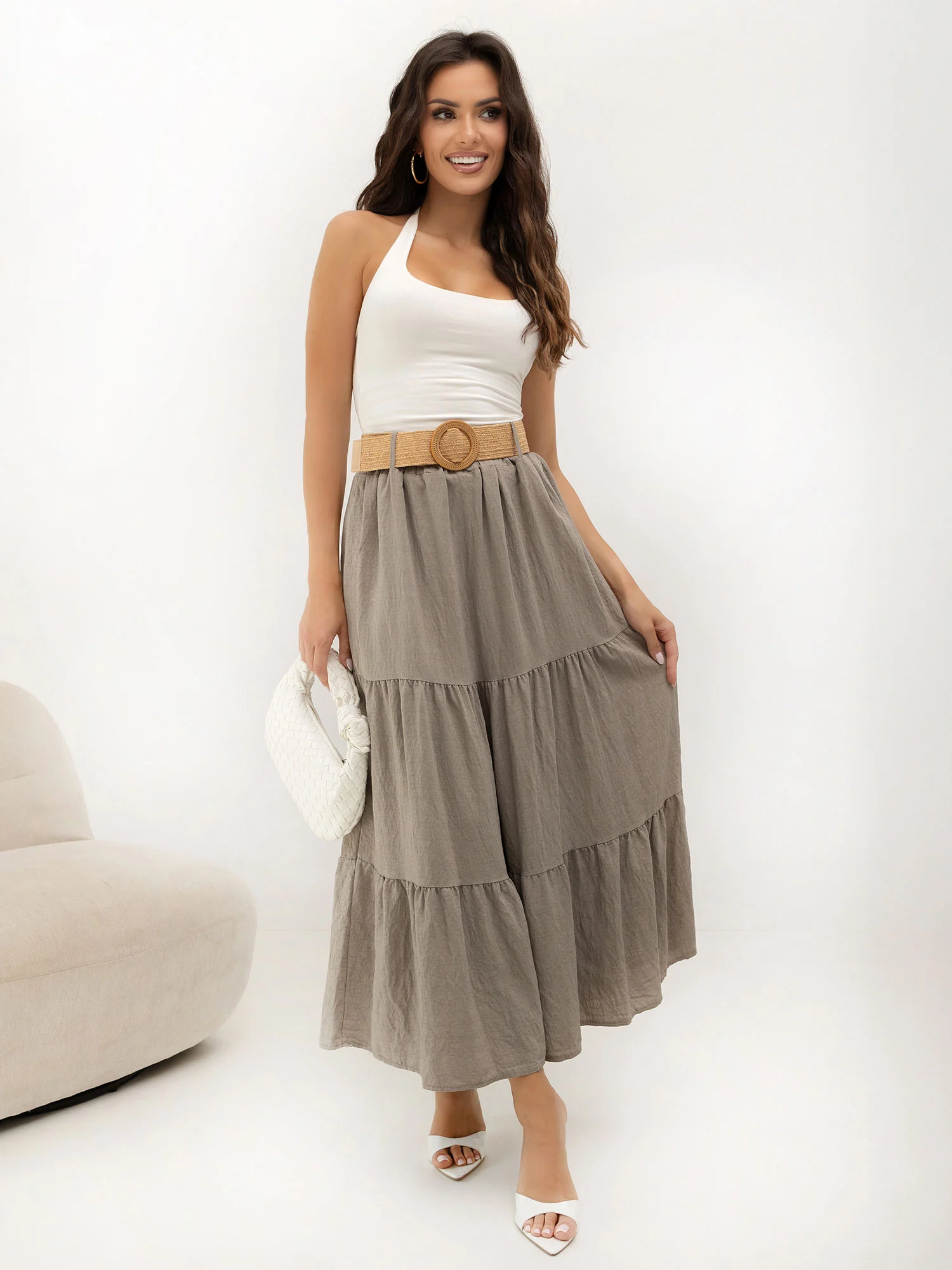Fusta Dama Maxi, Boho, ITALY MODA, Bej - imagine 5