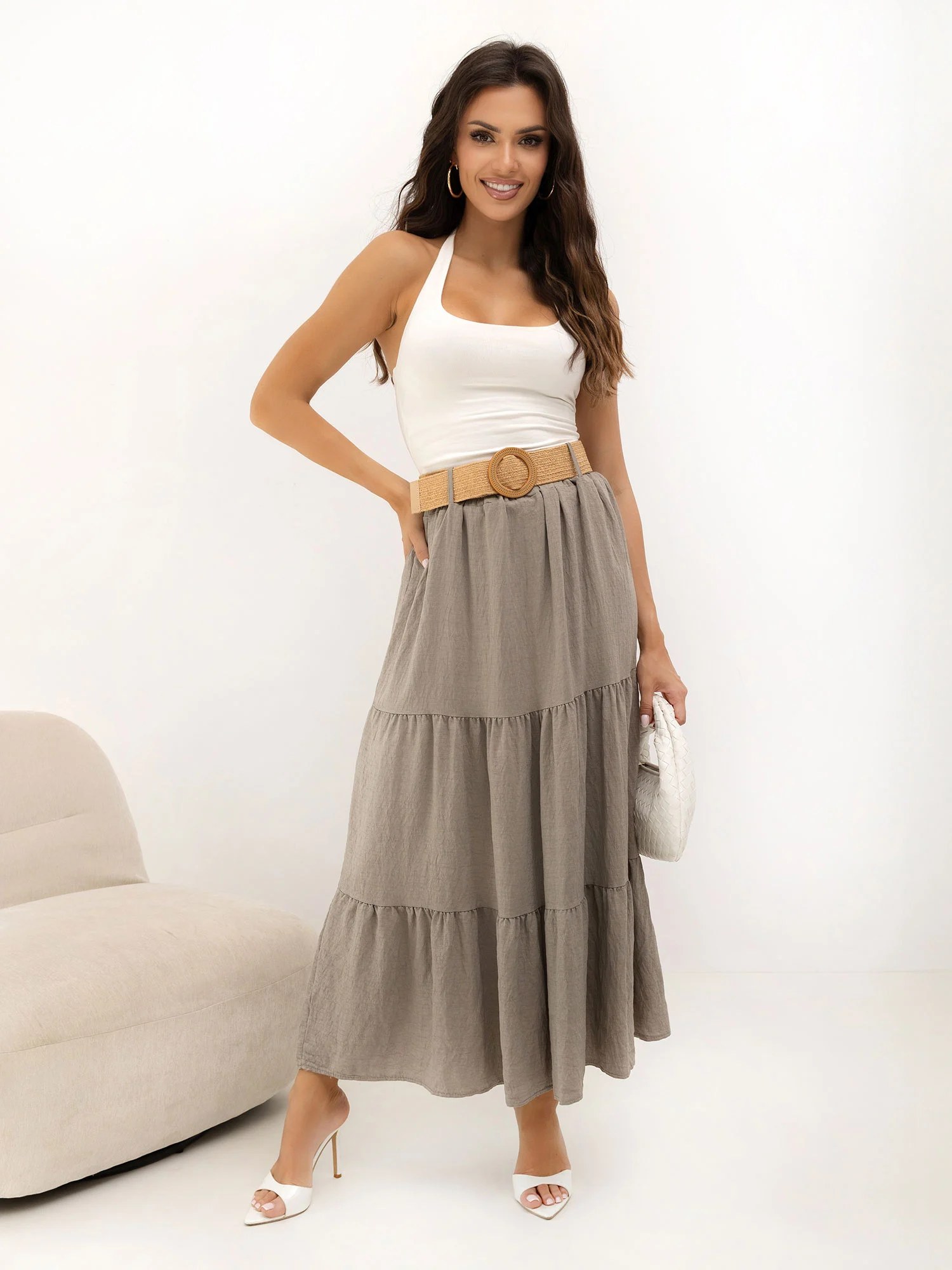 Fusta Dama Maxi, Boho, ITALY MODA, Bej - imagine 4