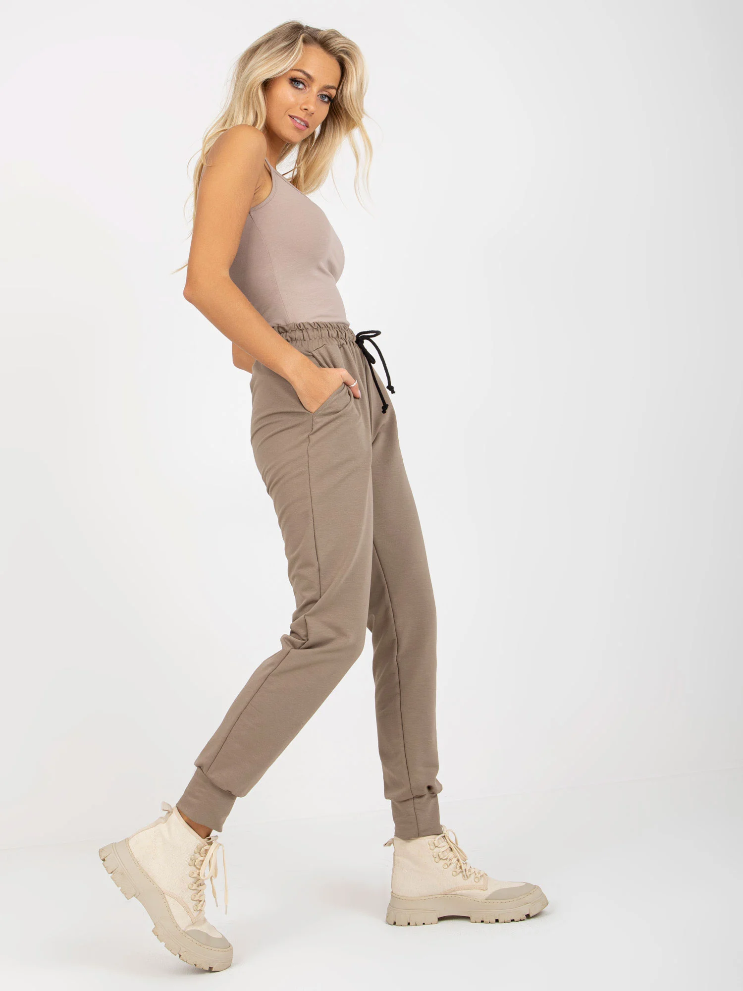 Pantaloni Dama Mansete elastice, Guler inalt, LAKERTA, Bej Casual - imagine 3