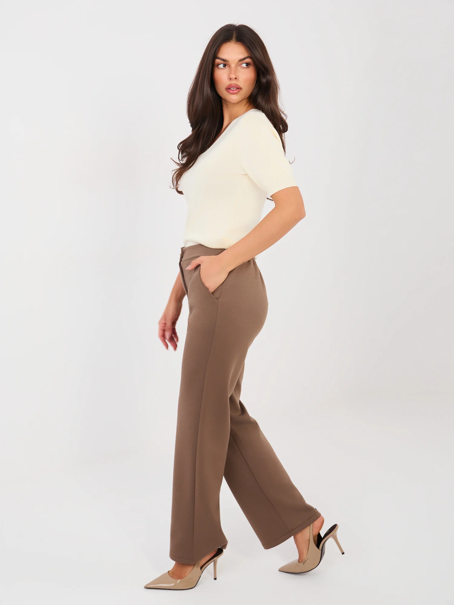 Pantaloni Dama Croiala dreapta, Guler inalt, RUE PARIS, Bej Eleganta Office - imagine 3