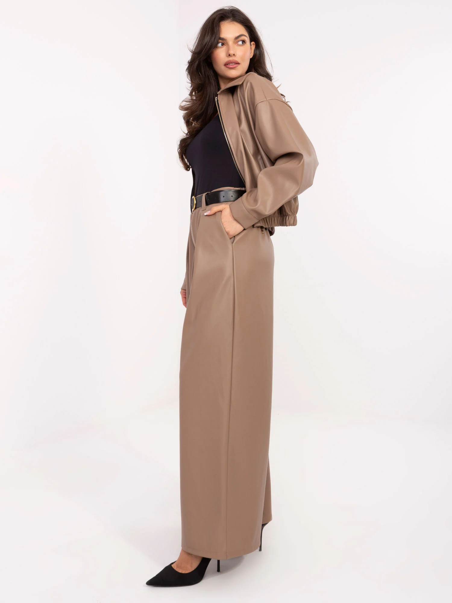 Pantaloni Dama Lunga, Larga, RUE PARIS, Bej Eleganta Office - imagine 5
