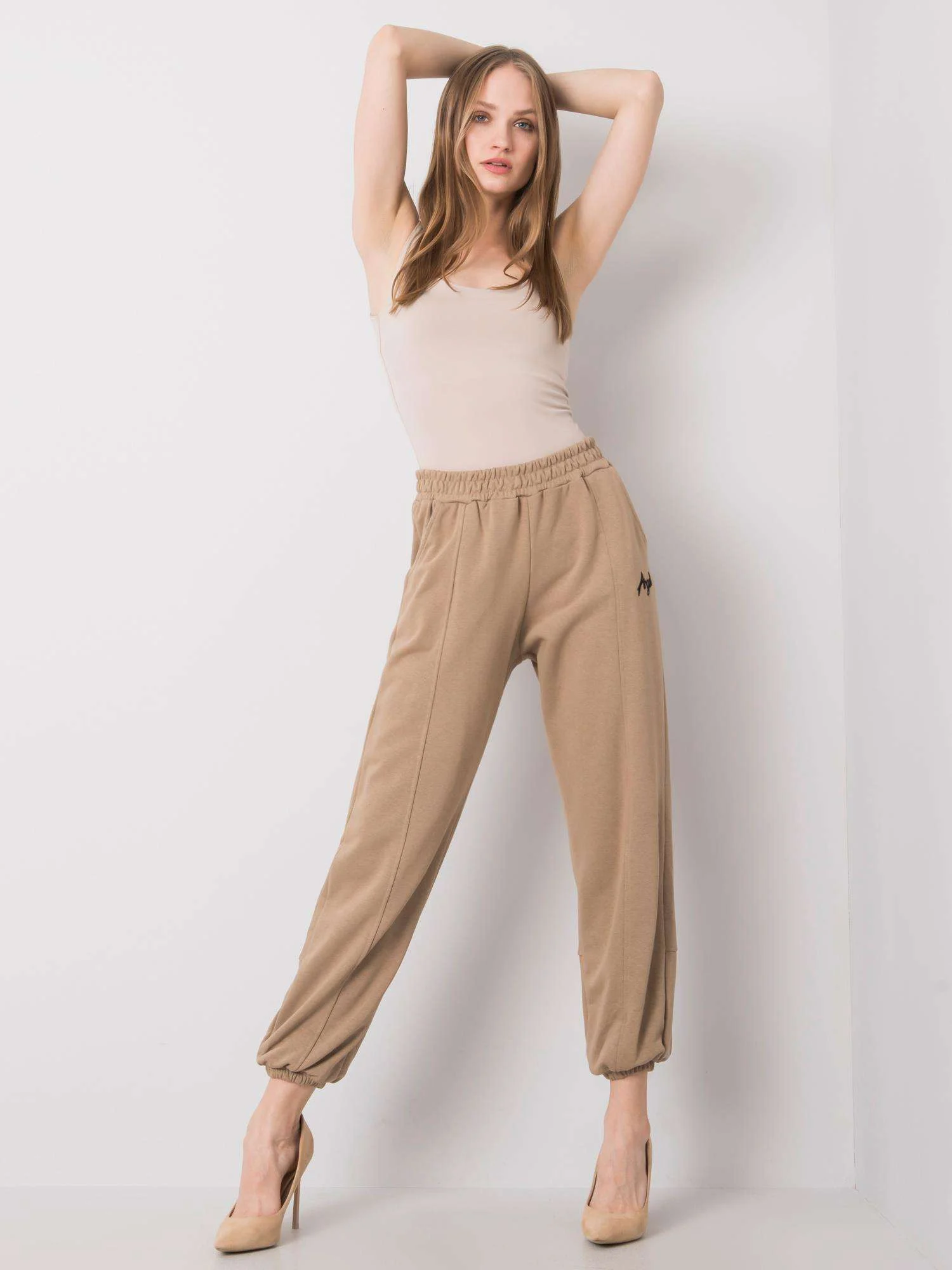 Pantaloni Trening Dama Lunga, Sport, ex moda, Bej Casual - imagine 5