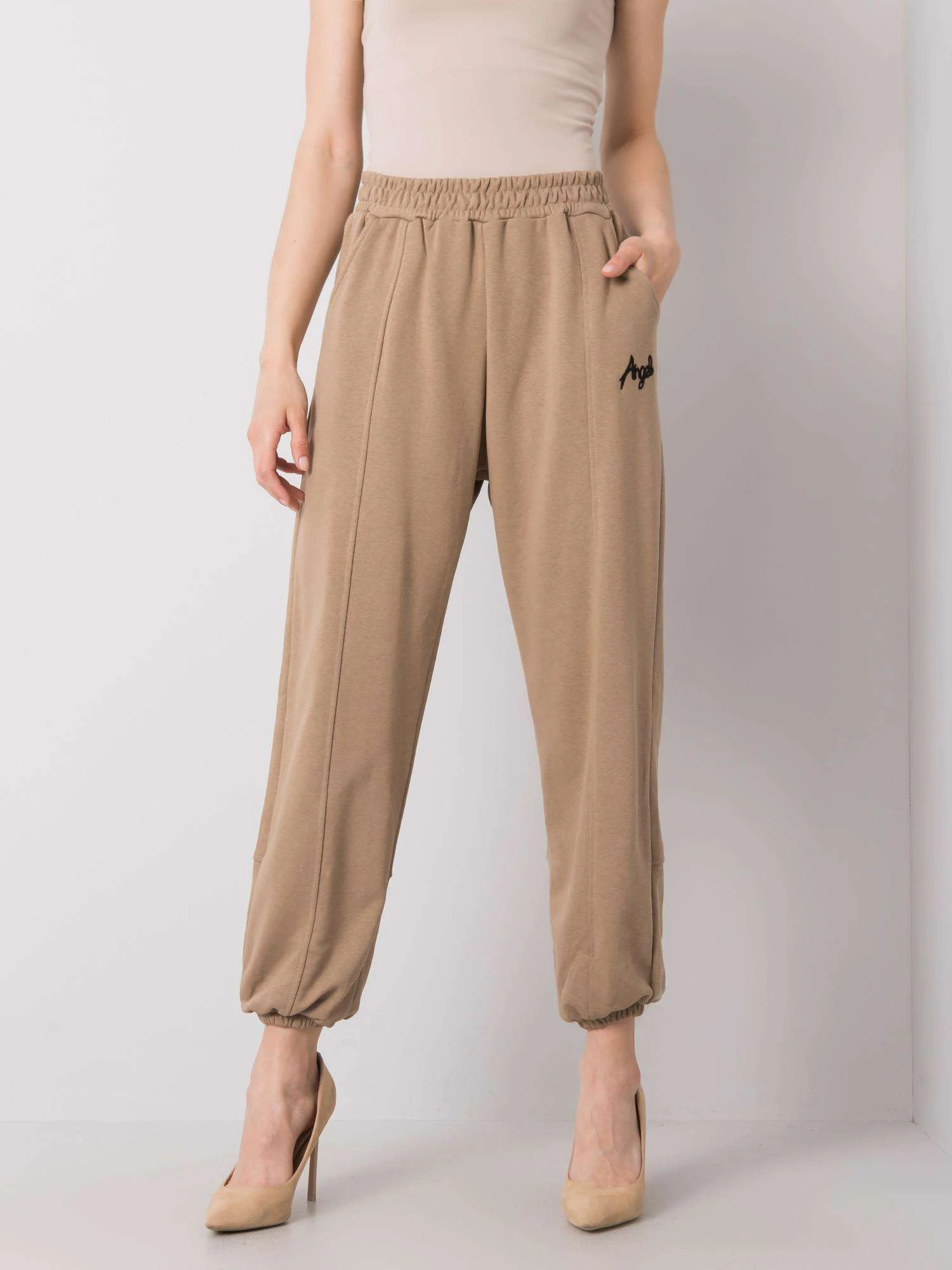 Pantaloni Trening Dama Lunga, Sport, ex moda, Bej Casual - imagine 3
