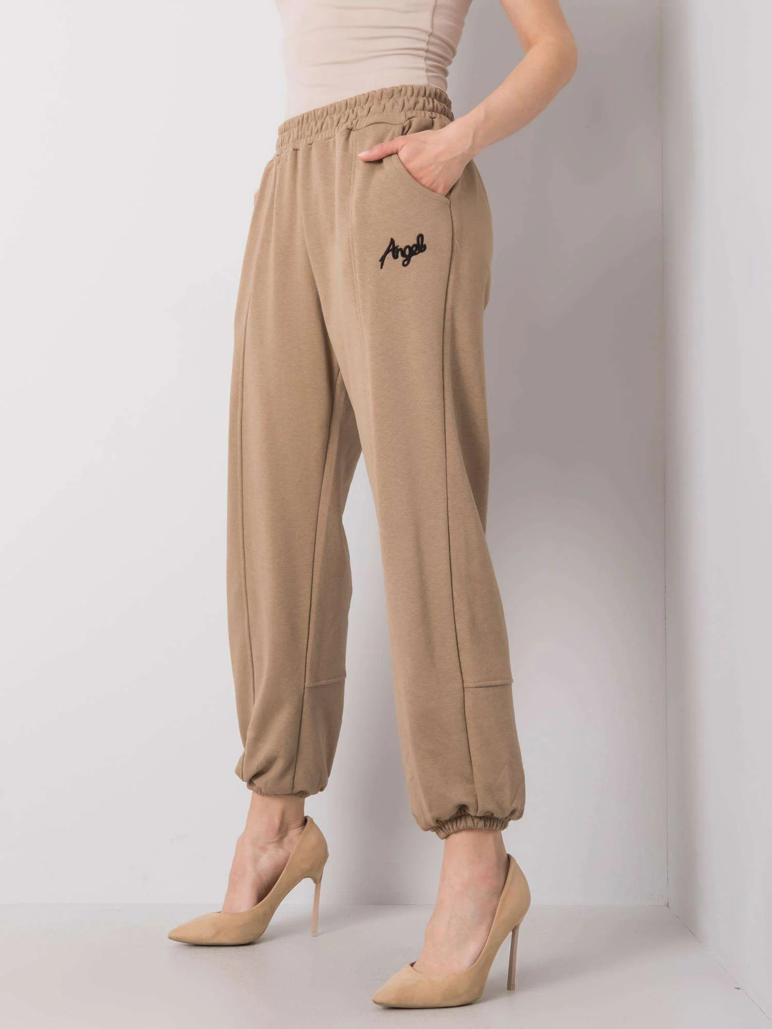 Pantaloni Trening Dama Lunga, Sport, ex moda, Bej Casual - imagine 4