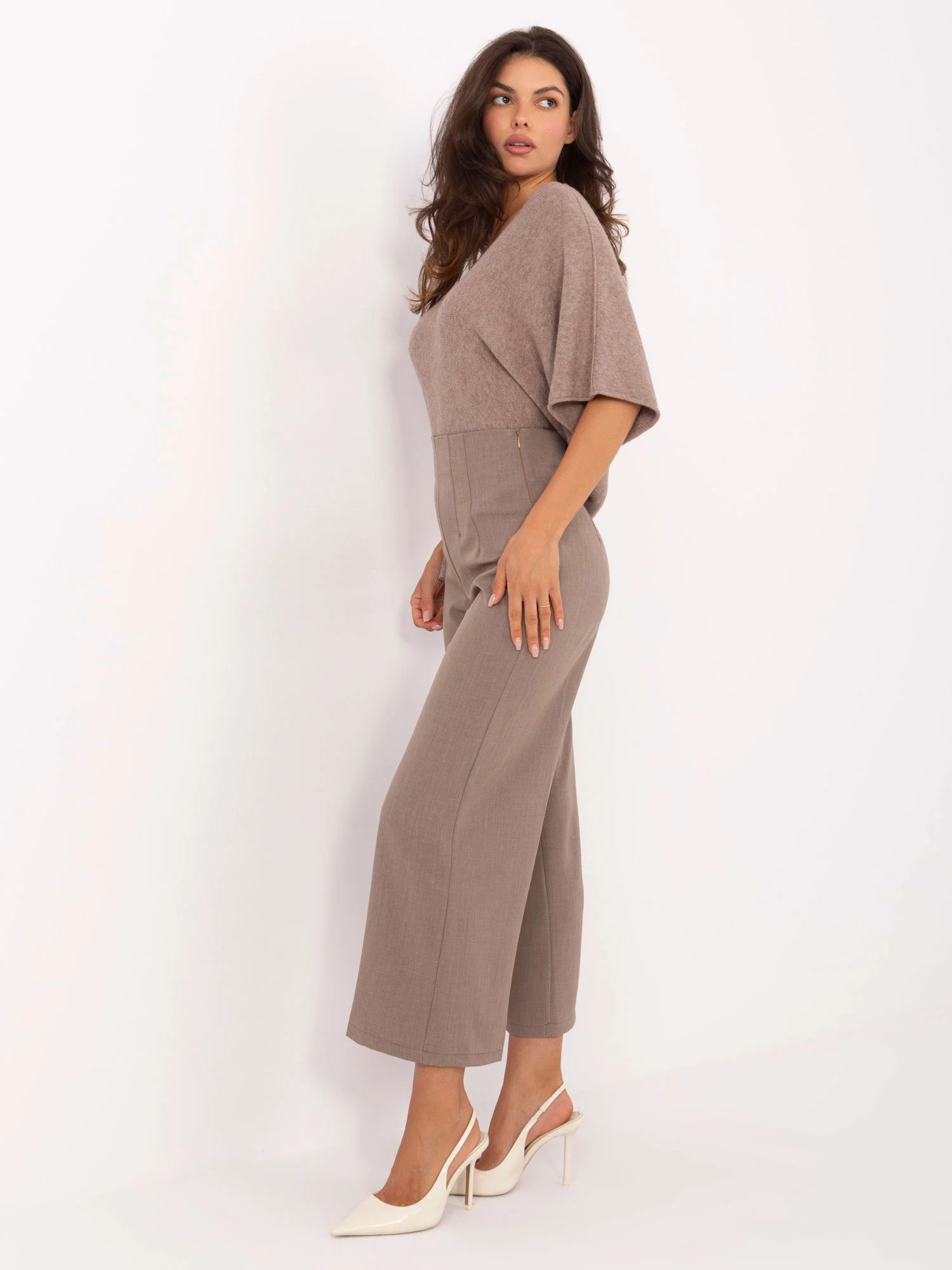 Pantaloni Dama Elegant, Guler inalt, RUE PARIS, Bej Eleganta Office - imagine 5