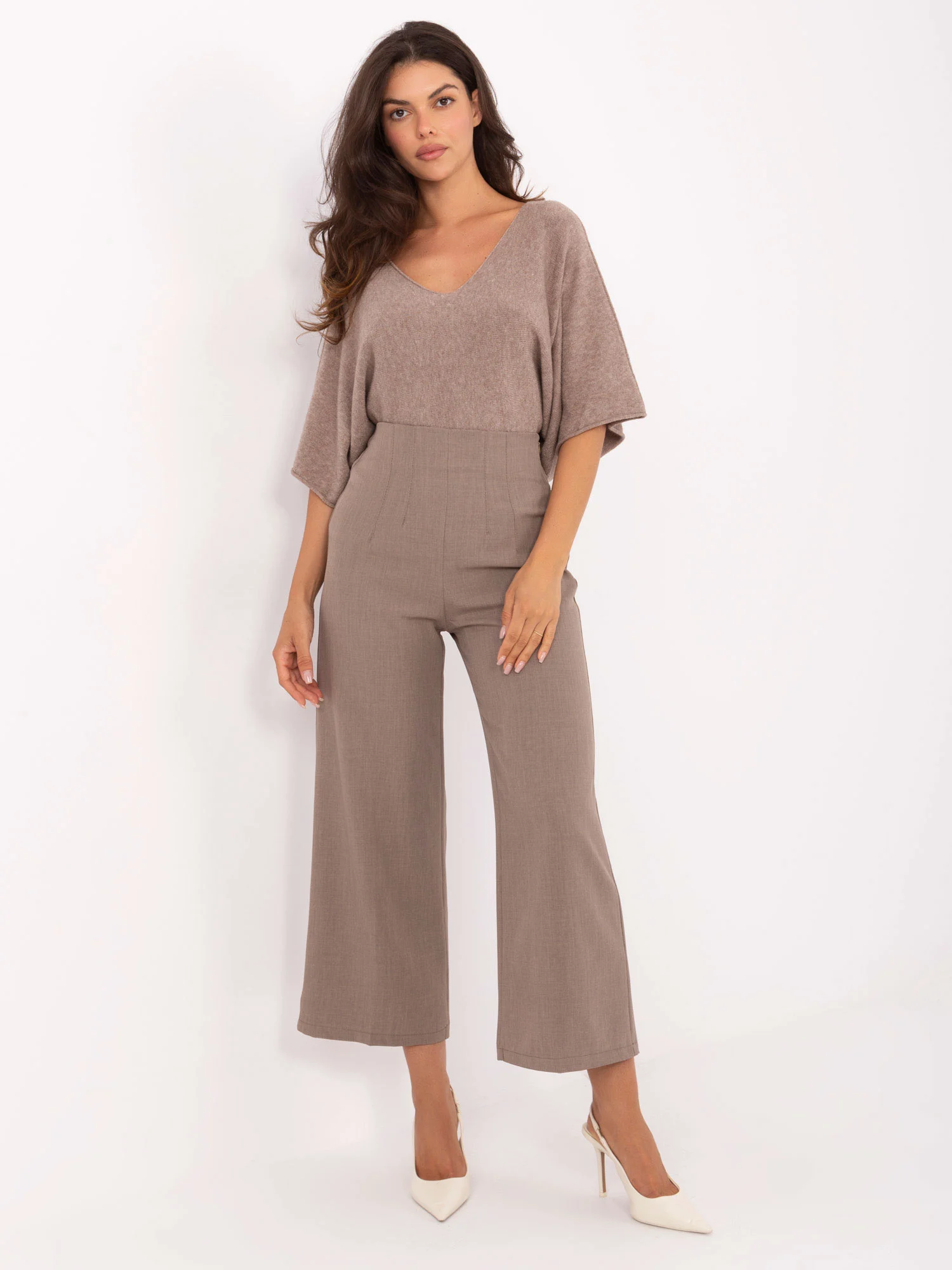 Pantaloni Dama Elegant, Guler inalt, RUE PARIS, Bej Eleganta Office - imagine 3