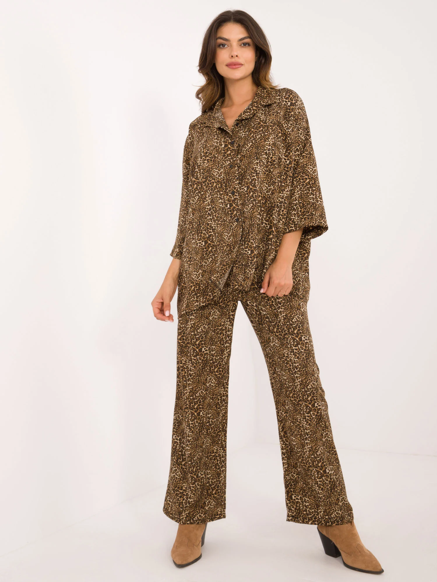 Compleu Dama Maneca 3/4, Animal print, ITALY MODA, Bej Casual - imagine 3