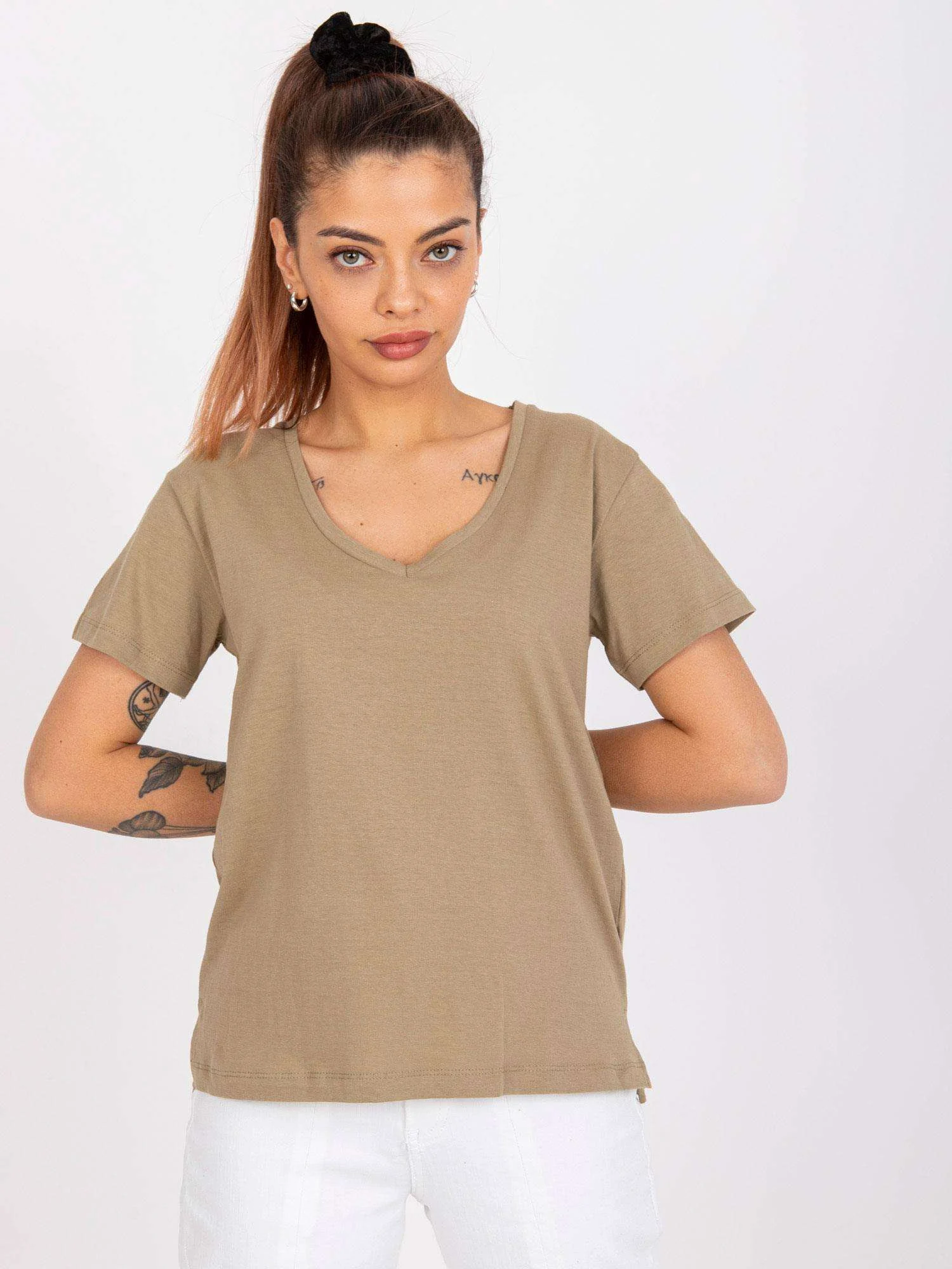 Tricou Dama Mini, Decolteu in V, Mayflies, Bej Casual Marimi Mari - imagine 4
