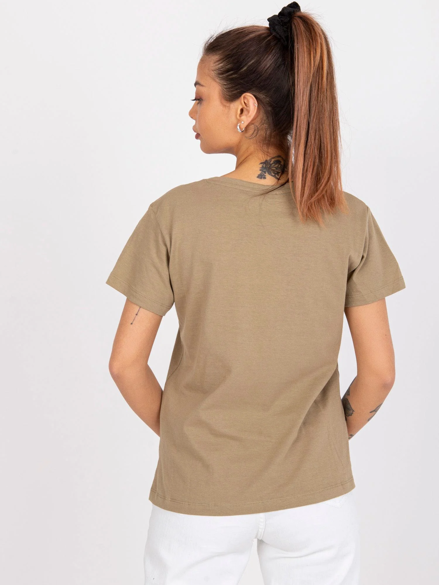 Tricou Dama Mini, Decolteu in V, Mayflies, Bej Casual Marimi Mari - imagine 5