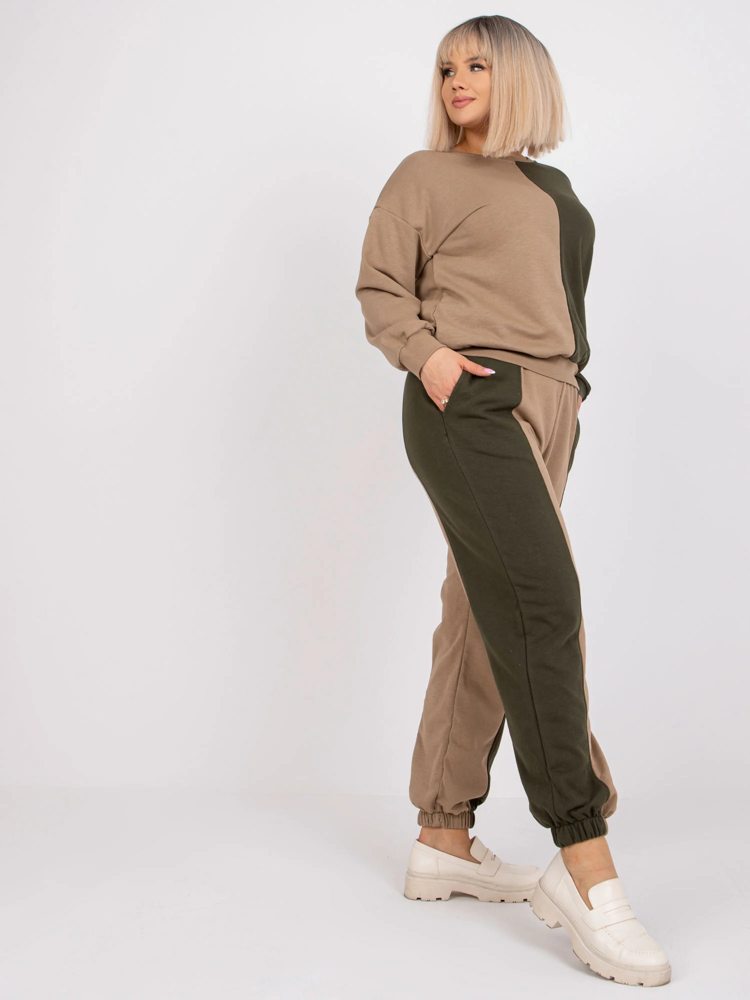 Compleu Dama Maneca lunga, Decolteu rotund, ex moda, Khaki - Image 5