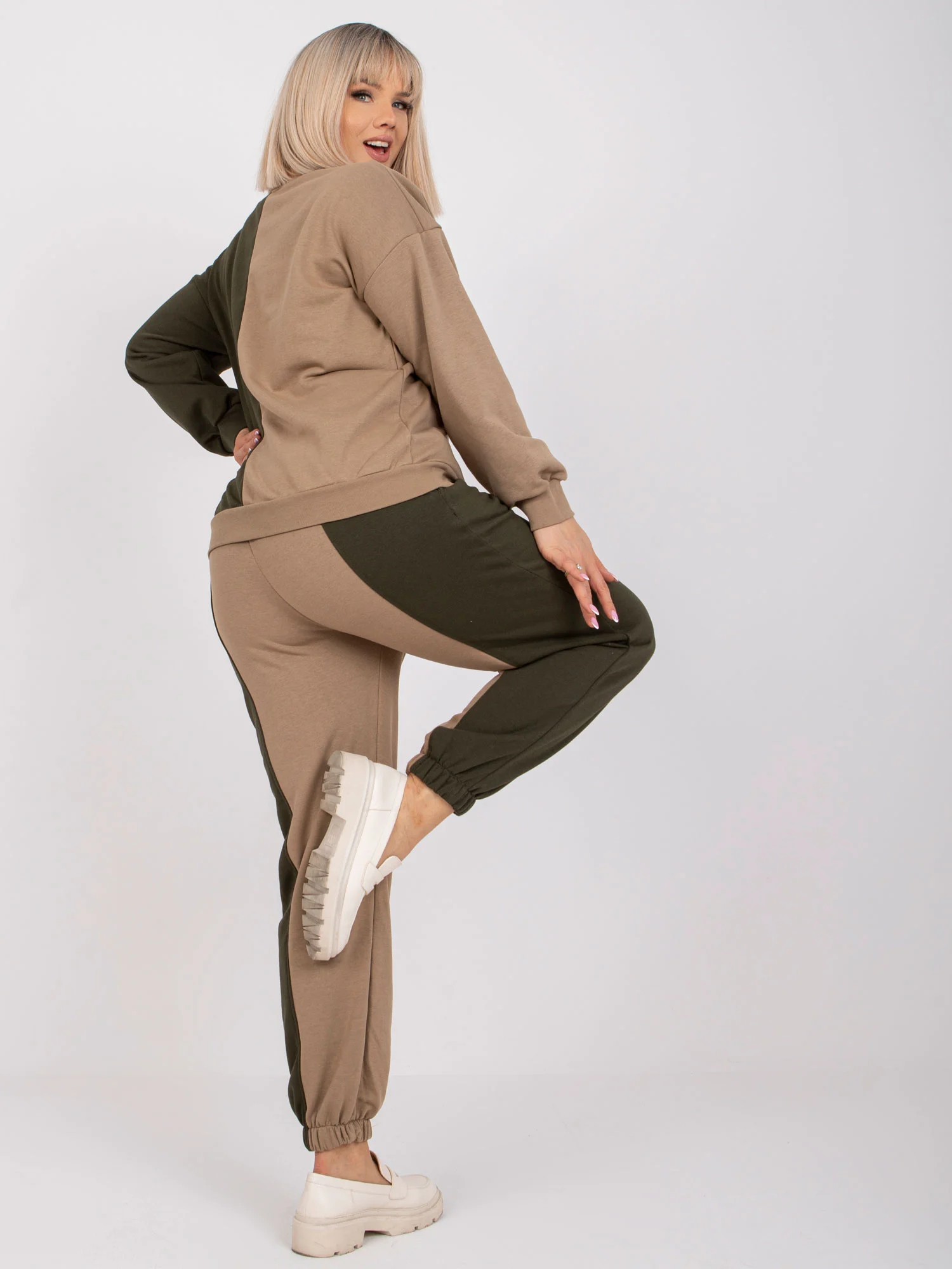Compleu Dama Maneca lunga, Decolteu rotund, ex moda, Khaki - Image 6