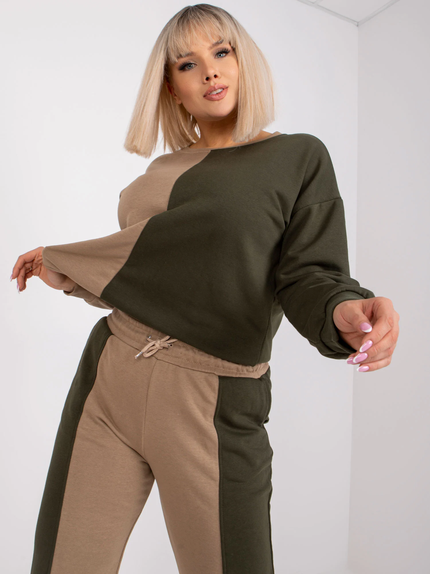 Compleu Dama Maneca lunga, Decolteu rotund, ex moda, Khaki - Image 7