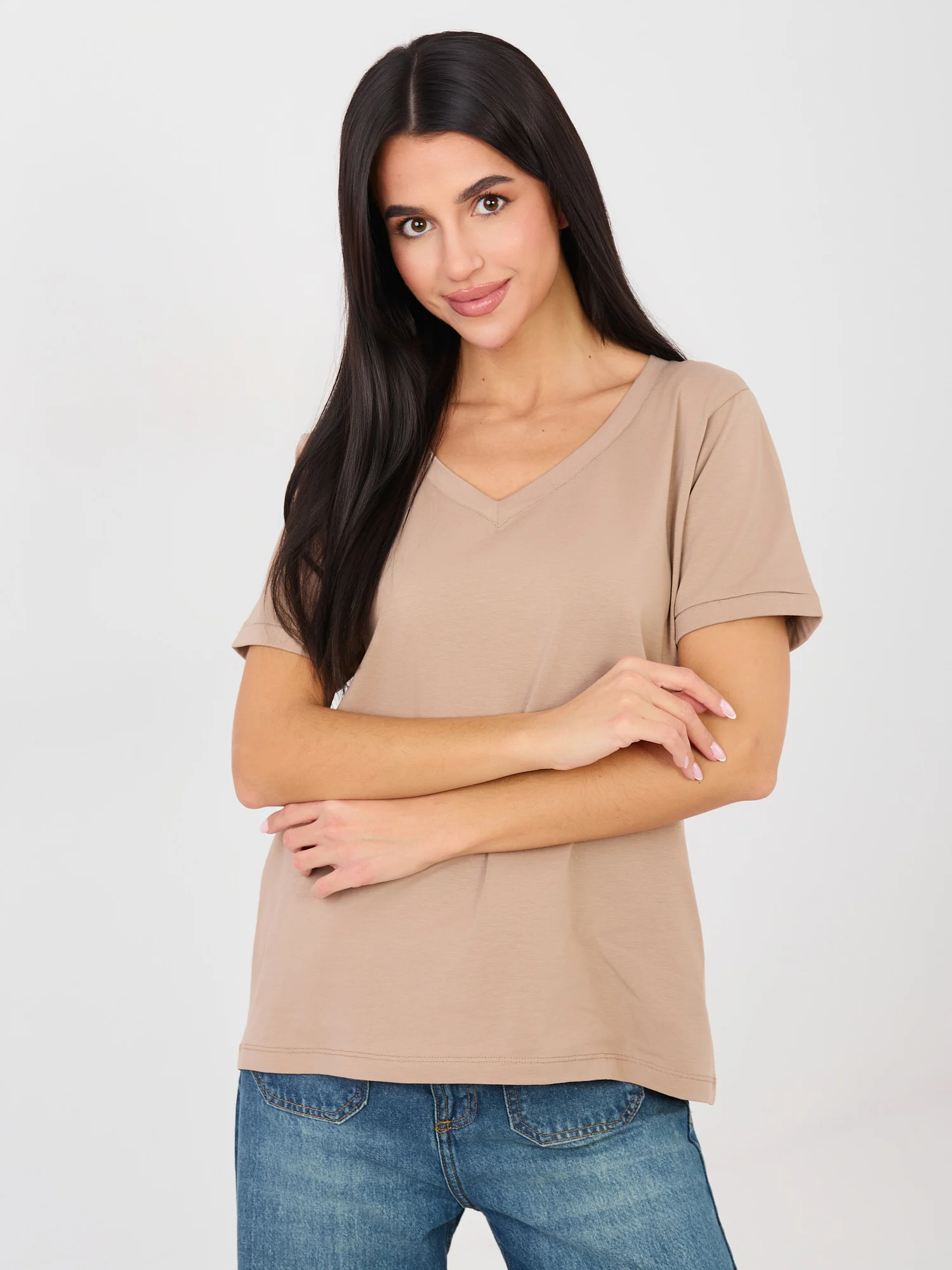 Tricou Dama Mini, Decolteu in V, RUE PARIS, Bej Casual - imagine 5