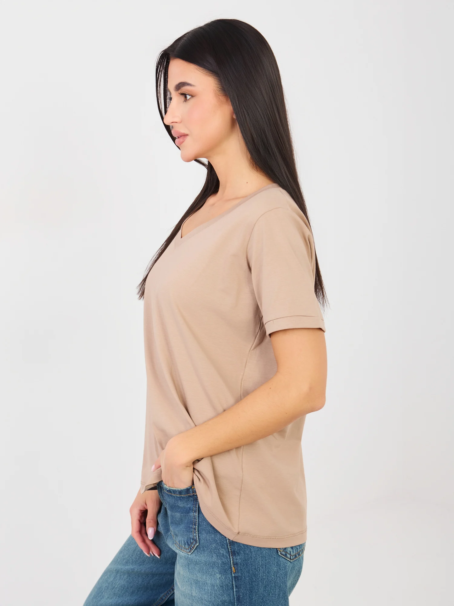 Tricou Dama Mini, Decolteu in V, RUE PARIS, Bej Casual - imagine 2