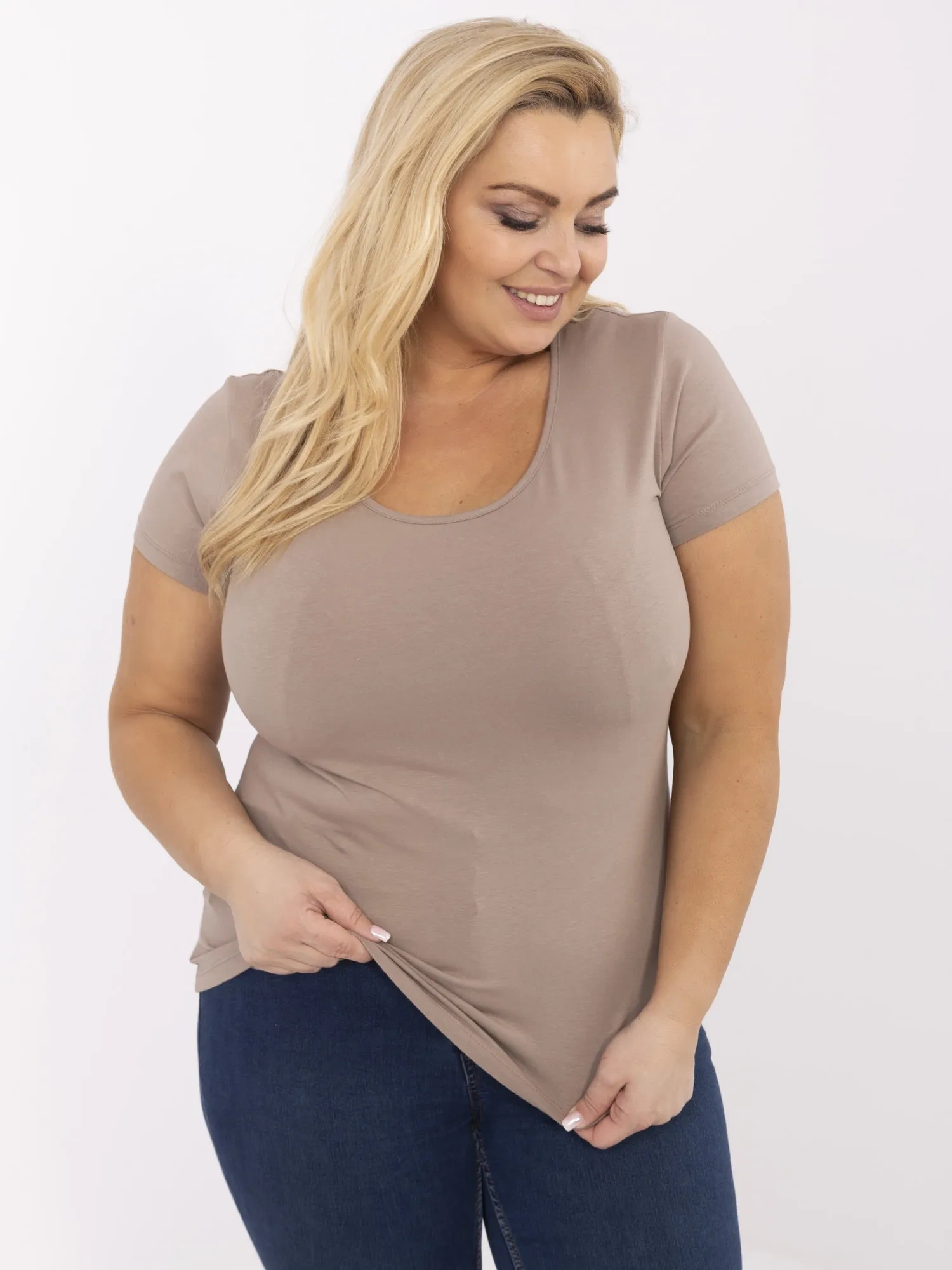 Tricou Dama Mini, Decolteu rotund, RUE PARIS, Bej Casual Marimi Mari - imagine 2