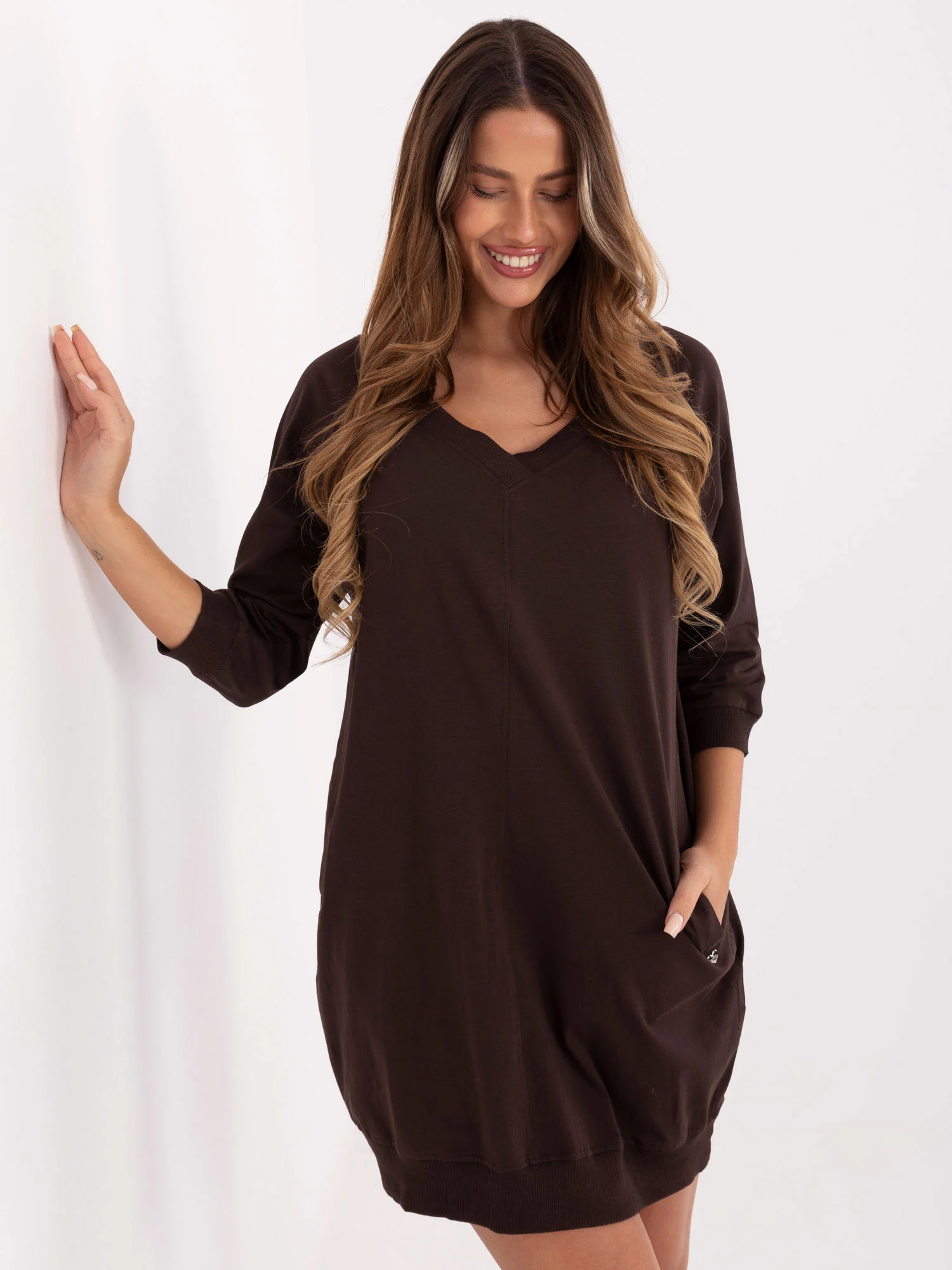 Rochie Dama Maneca 3/4, Rochie dreapta, BASIC FEEL GOOD, Maro - Image 5