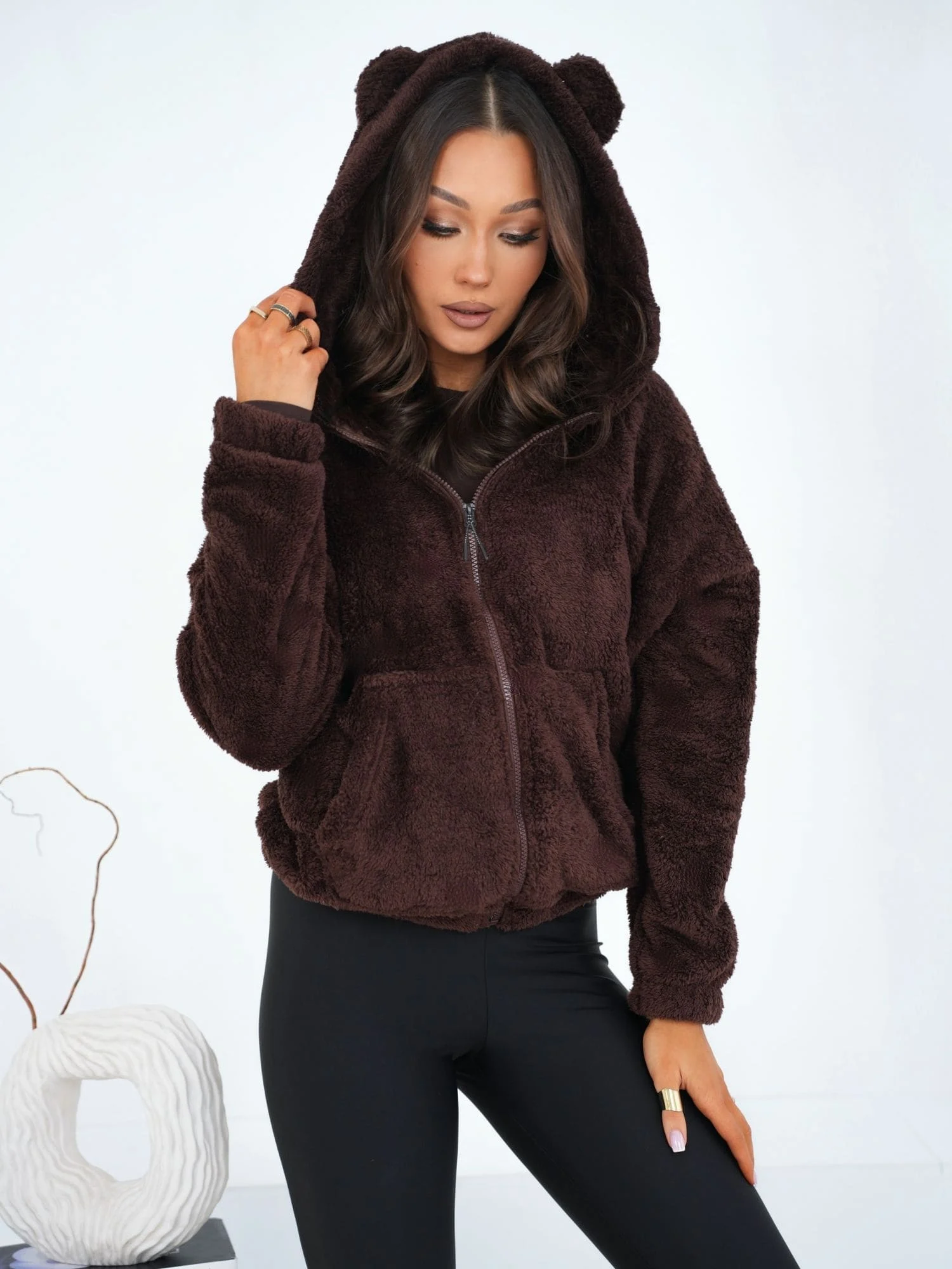 Hanorac Dama Maneca lunga, Decolteu cu gluga, BETIA, Maro Casual - imagine 3