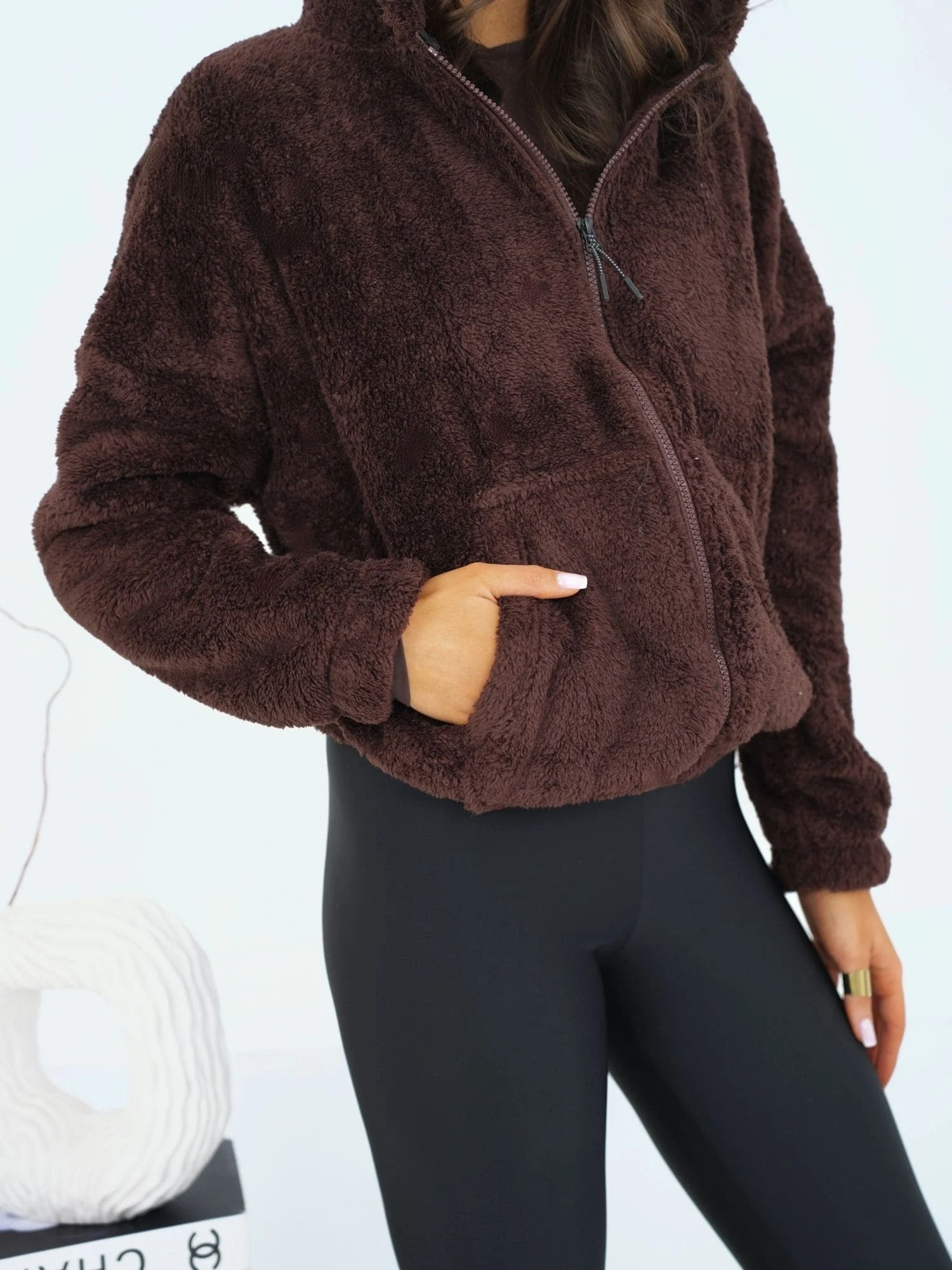 Hanorac Dama Maneca lunga, Decolteu cu gluga, BETIA, Maro Casual - imagine 5