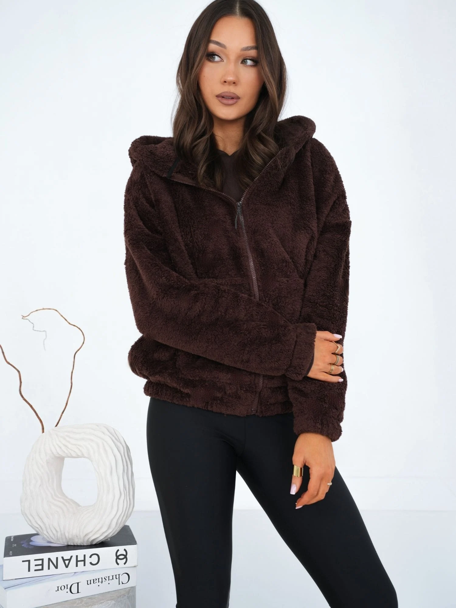 Hanorac Dama Maneca lunga, Decolteu cu gluga, BETIA, Maro Casual - imagine 6