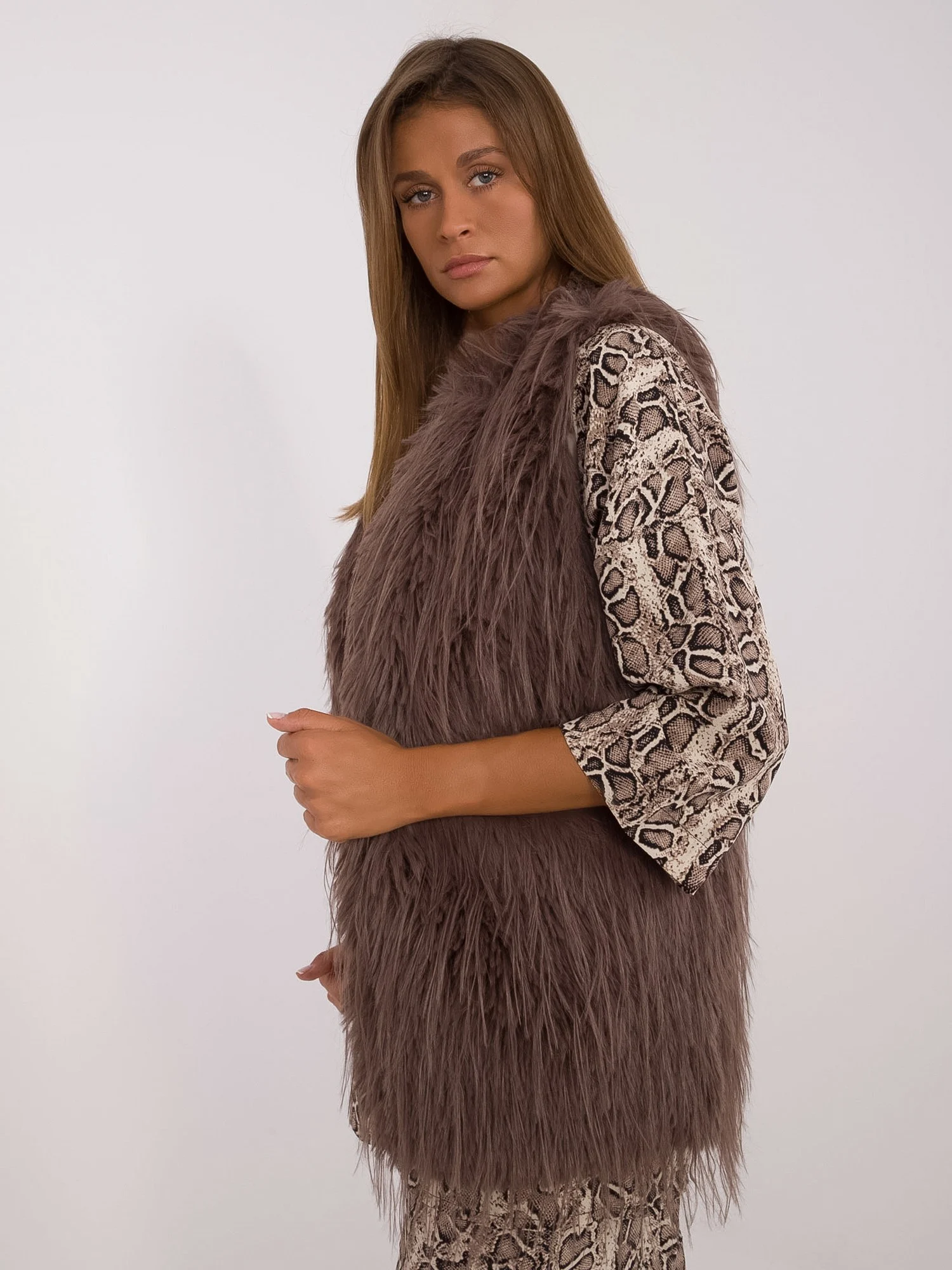 Vesta Dama Fara maneci, Guler inalt, Wool Fashion Italia, Maro de Vara - imagine 5