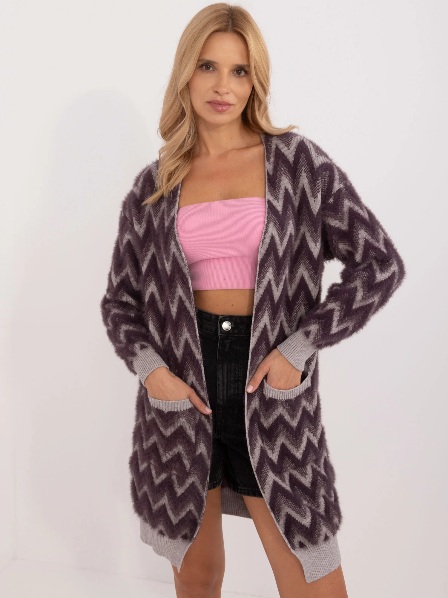 Cardigan Dama Maneca lunga, Guler inalt, Wool Fashion Italia, Mov Casual - imagine 5