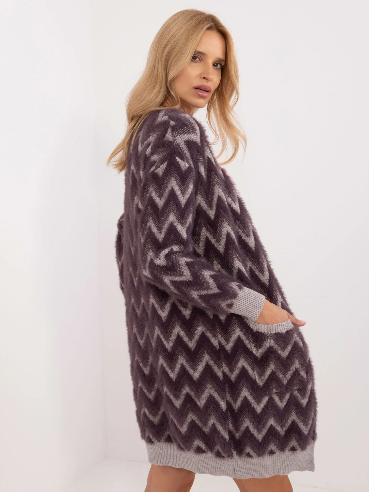 Cardigan Dama Maneca lunga, Guler inalt, Wool Fashion Italia, Mov Casual - imagine 2