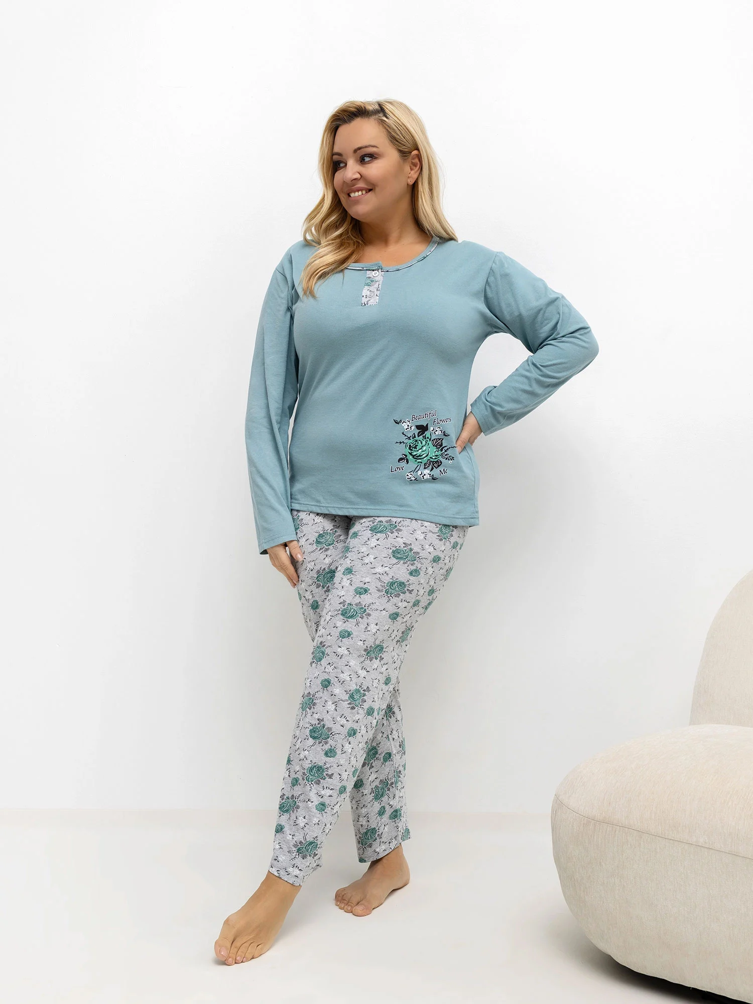 Pijama Dama Maneca lunga, Floral, Forever Pink, Menta Marimi Mari - imagine 5