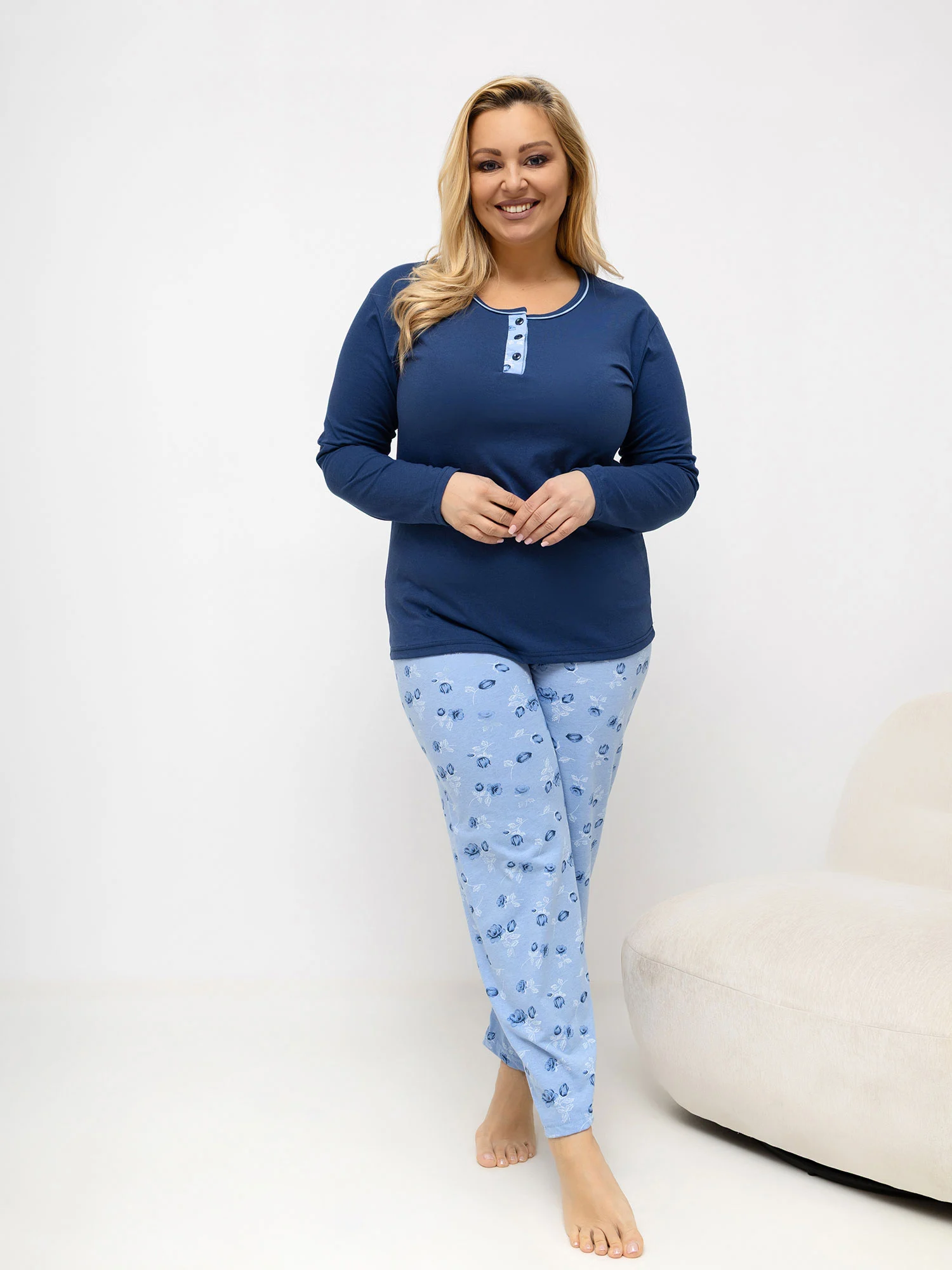 Pijama Dama Maneca lunga, Floral, Forever Pink, Albastru Marimi Mari - imagine 5