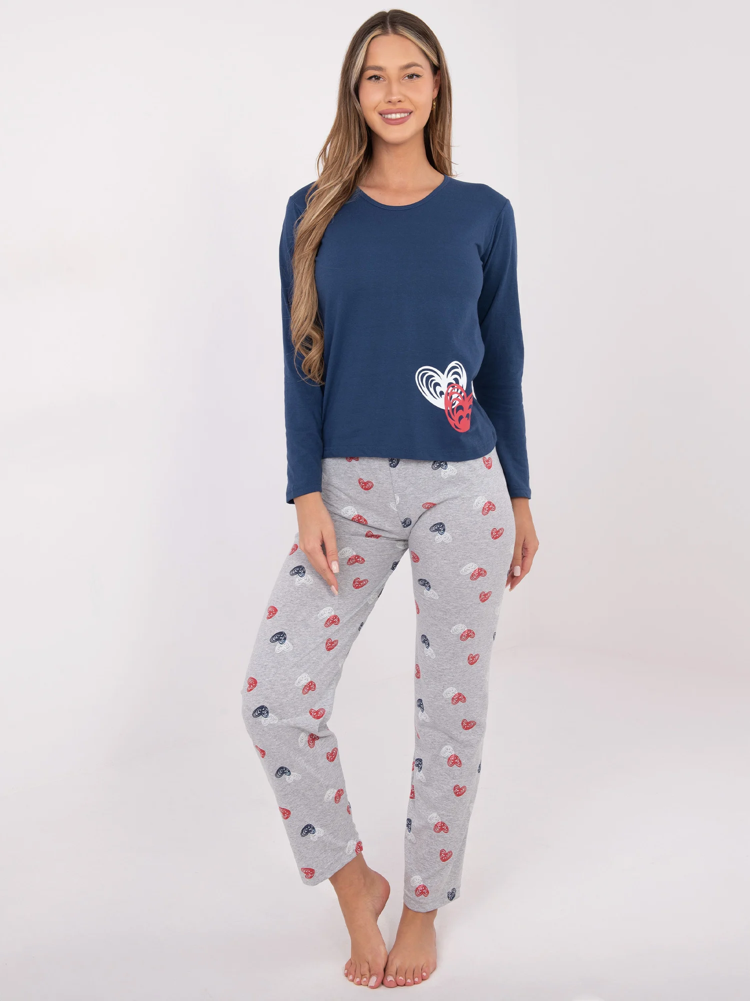 Pijama Dama Maneca lunga, Decolteu rotund, Forever Pink, Albastru Marimi Mari - imagine 5