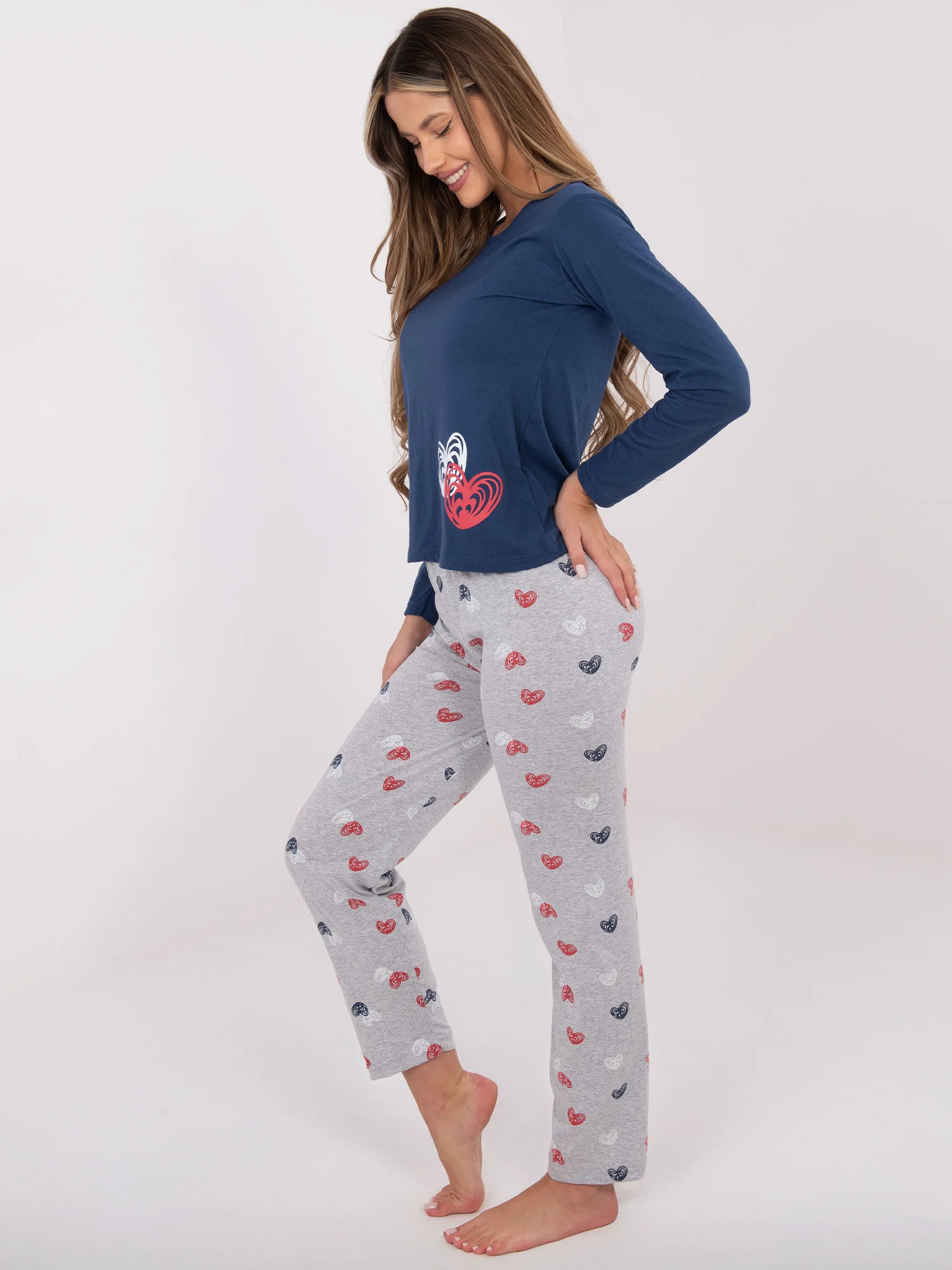 Pijama Dama Maneca lunga, Decolteu rotund, Forever Pink, Albastru Marimi Mari - imagine 6