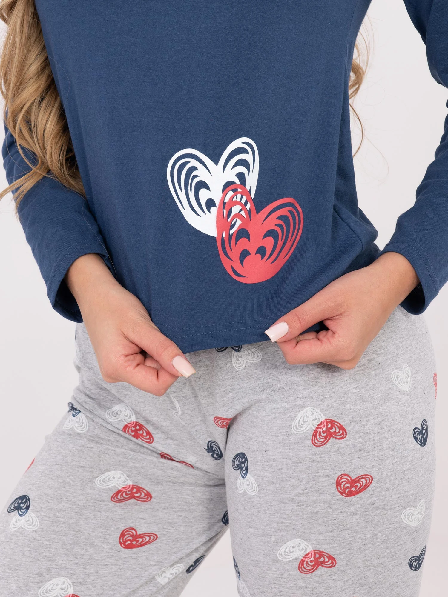 Pijama Dama Maneca lunga, Decolteu rotund, Forever Pink, Albastru Marimi Mari - imagine 3