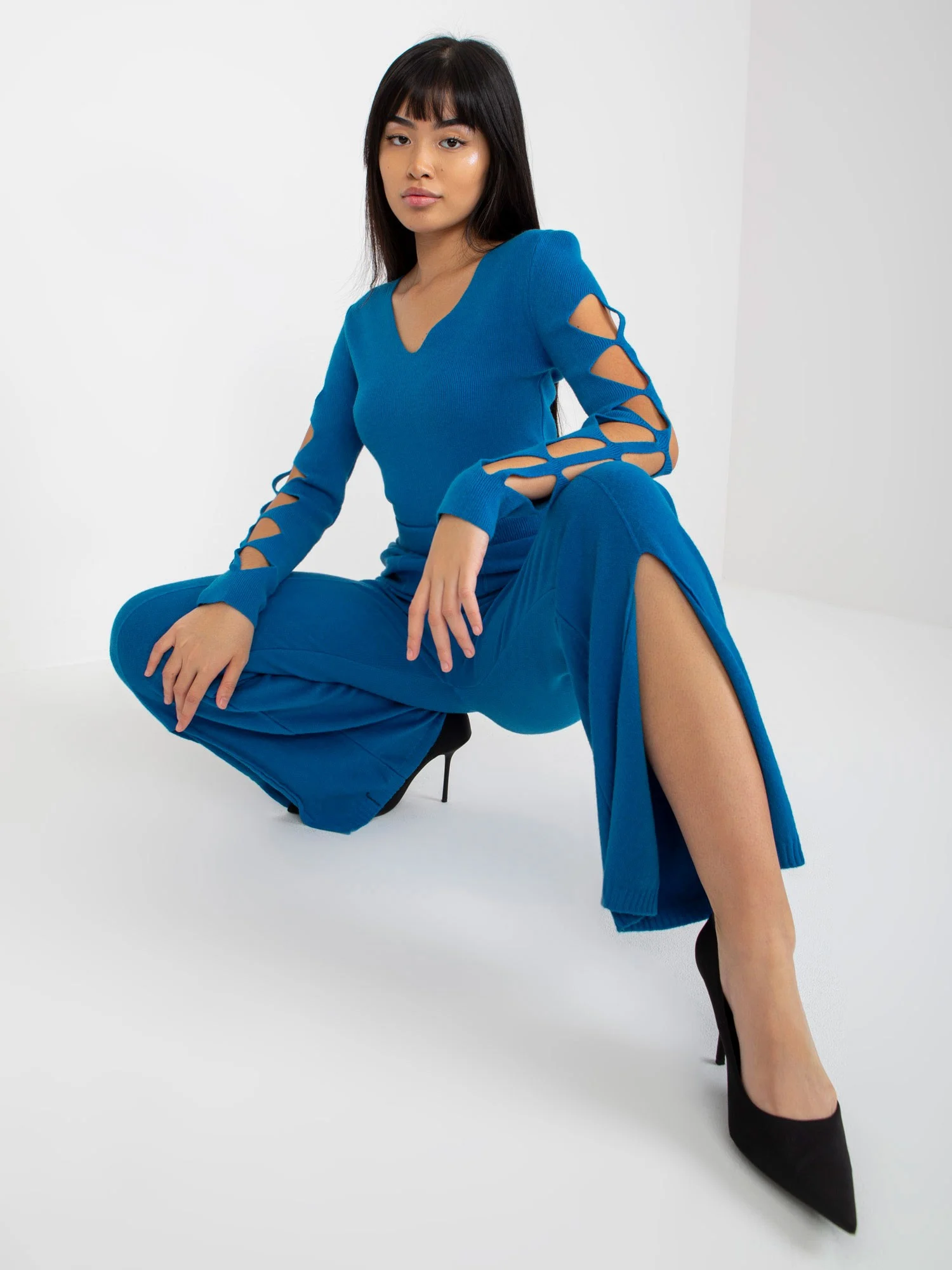 Pantaloni Dama Lejera, Guler inalt, COCO ANGELO, Albastru Eleganta Office - imagine 4