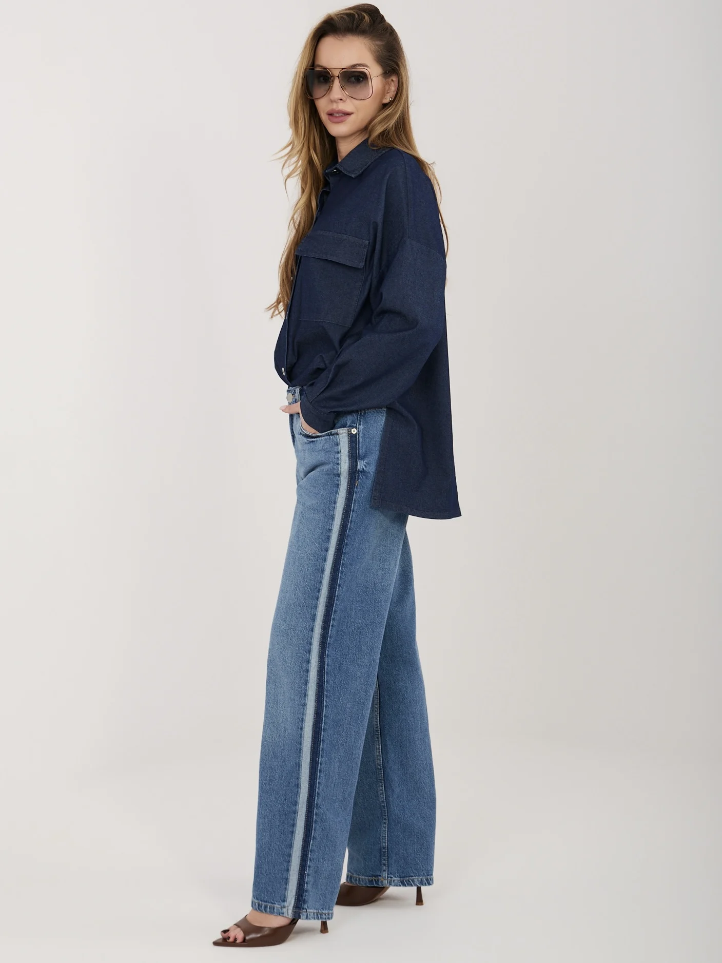 Pantaloni Dama Croiala dreapta, Guler inalt, Sublevel, Albastru Casual - imagine 3
