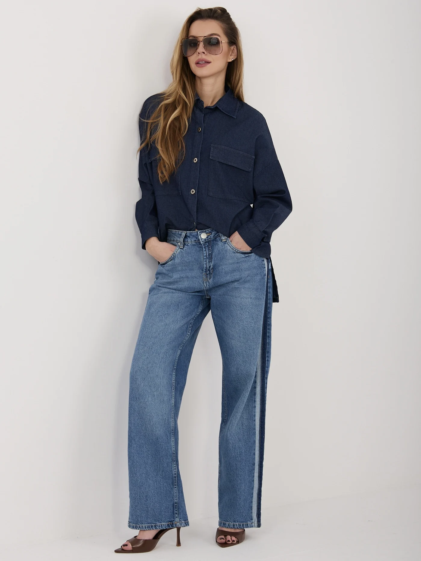 Pantaloni Dama Croiala dreapta, Guler inalt, Sublevel, Albastru Casual - imagine 5