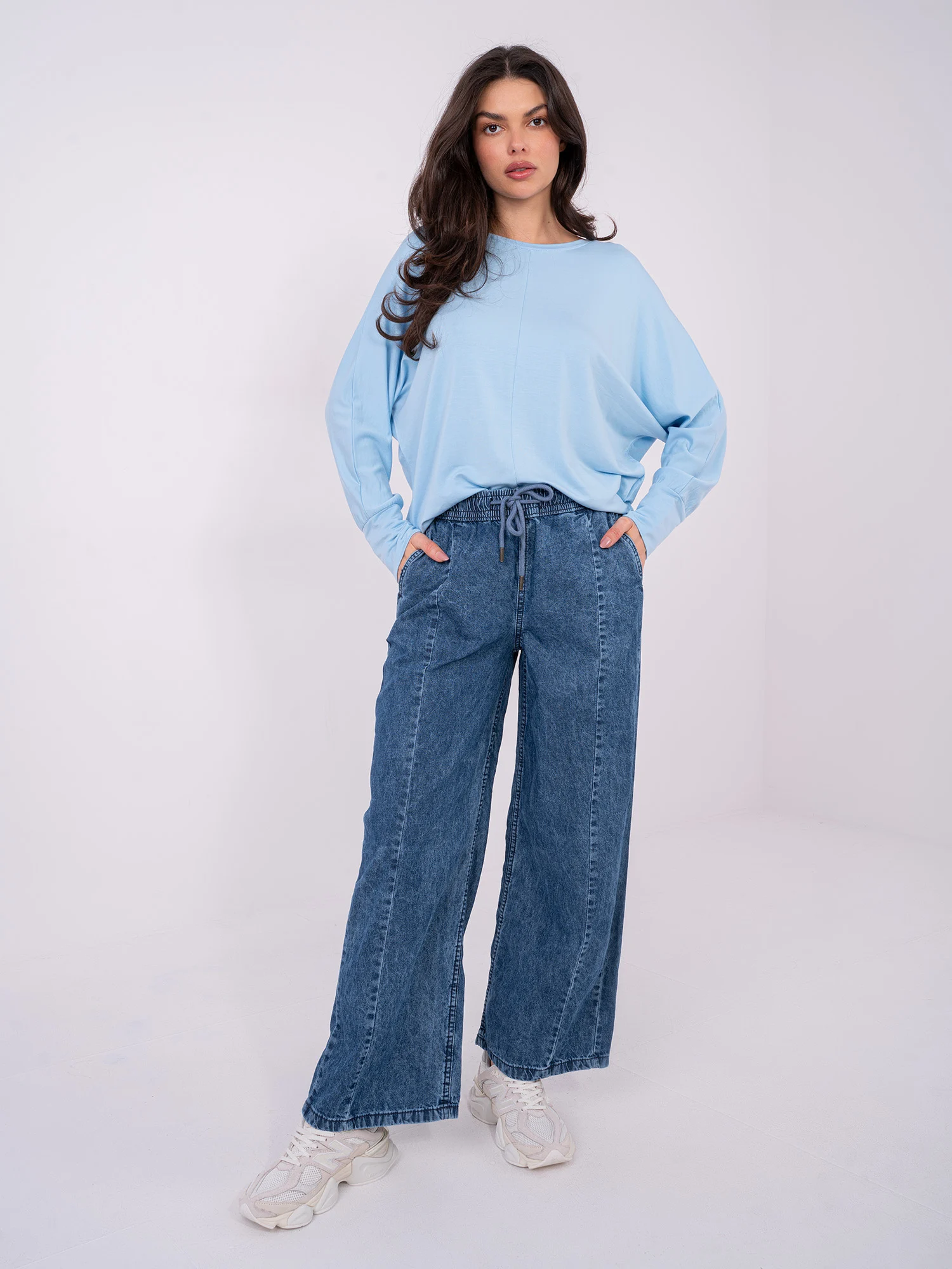 Pantaloni Dama Larga, Guler inalt, Sublevel, Albastru Casual - Image 3