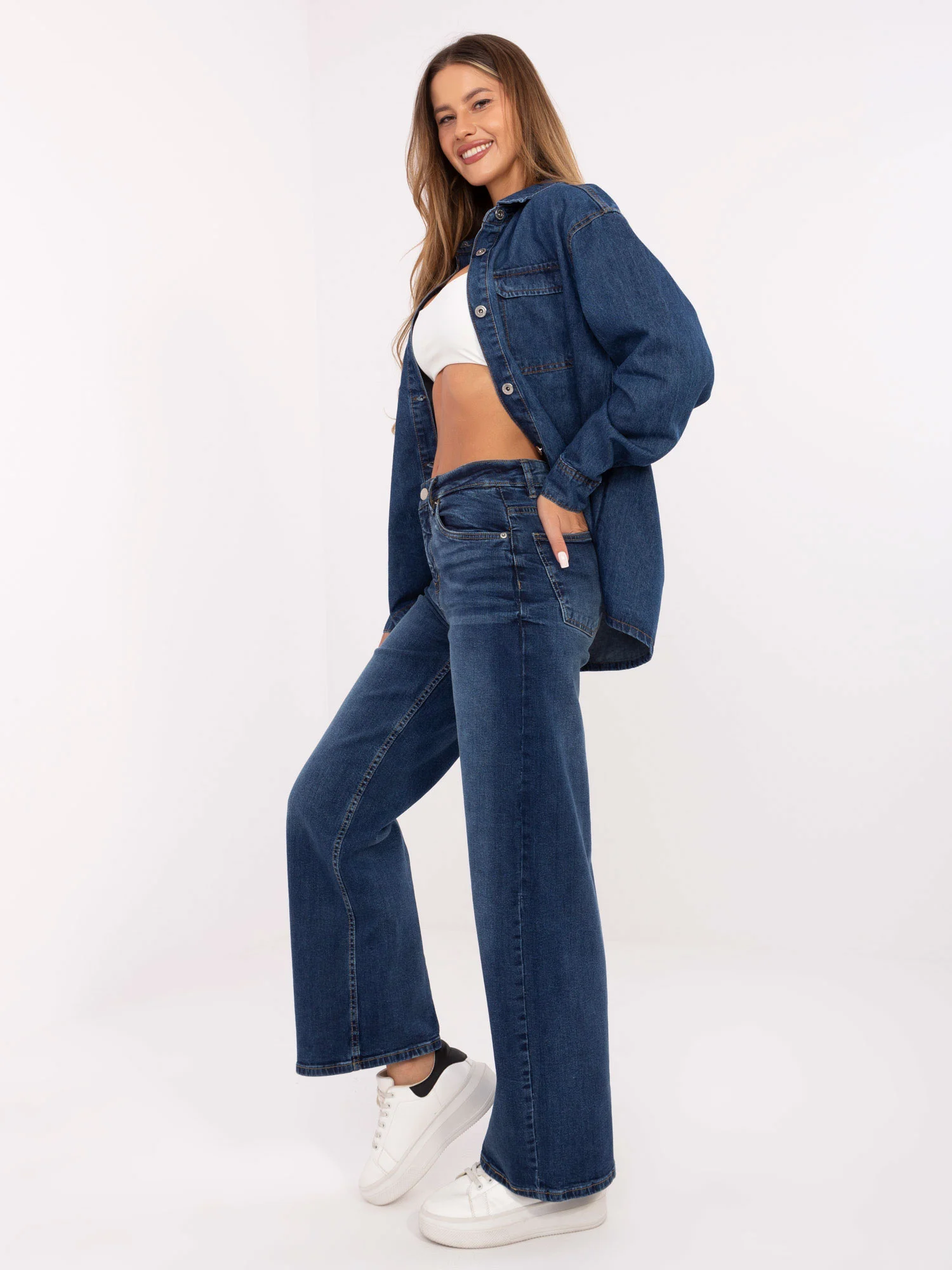 Pantaloni Dama Larga, Guler inalt, Sublevel, Albastru Casual Marimi Mari - Image 3