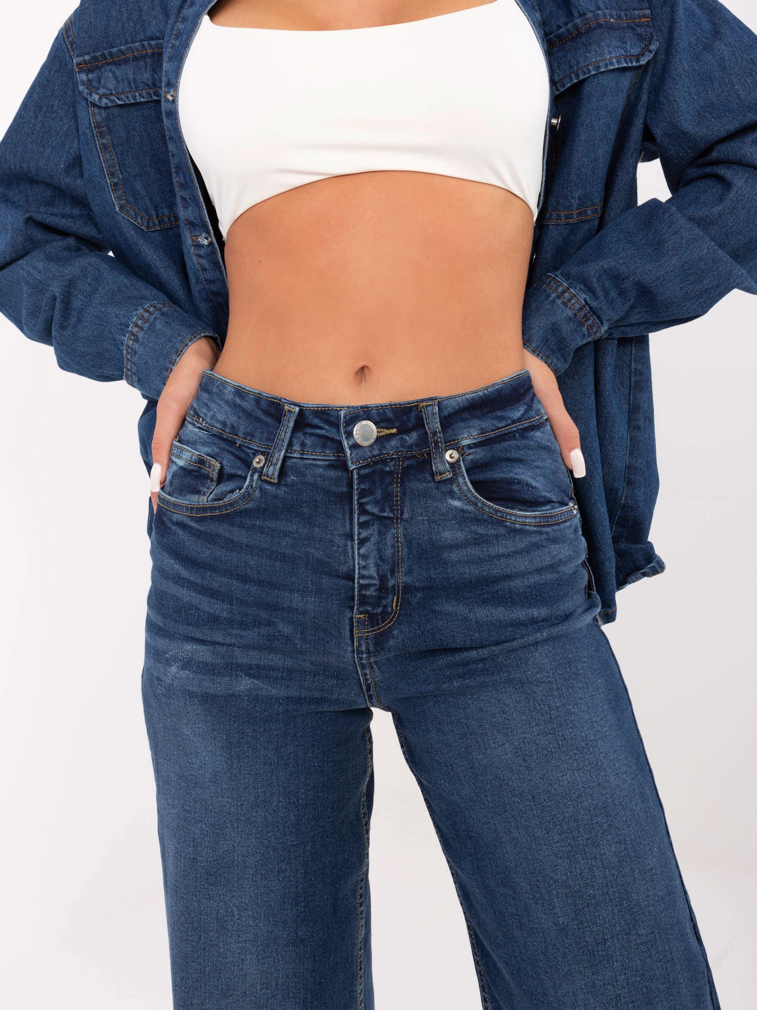 Pantaloni Dama Larga, Guler inalt, Sublevel, Albastru Casual Marimi Mari - Image 5