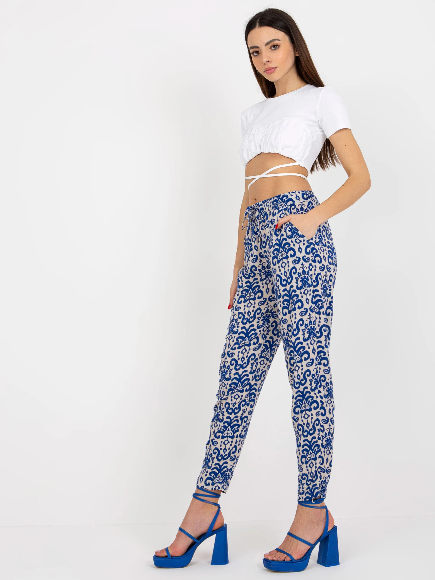Pantaloni Dama Dreapta, Guler inalt, Sublevel, Albastru Casual Marimi Mari - Image 3