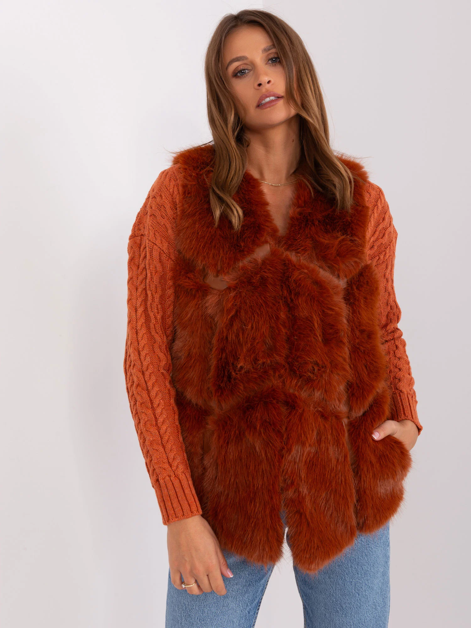 Vesta Dama Fara maneci, Guler inalt, Wool Fashion Italia, Portocaliu de Vara - imagine 2
