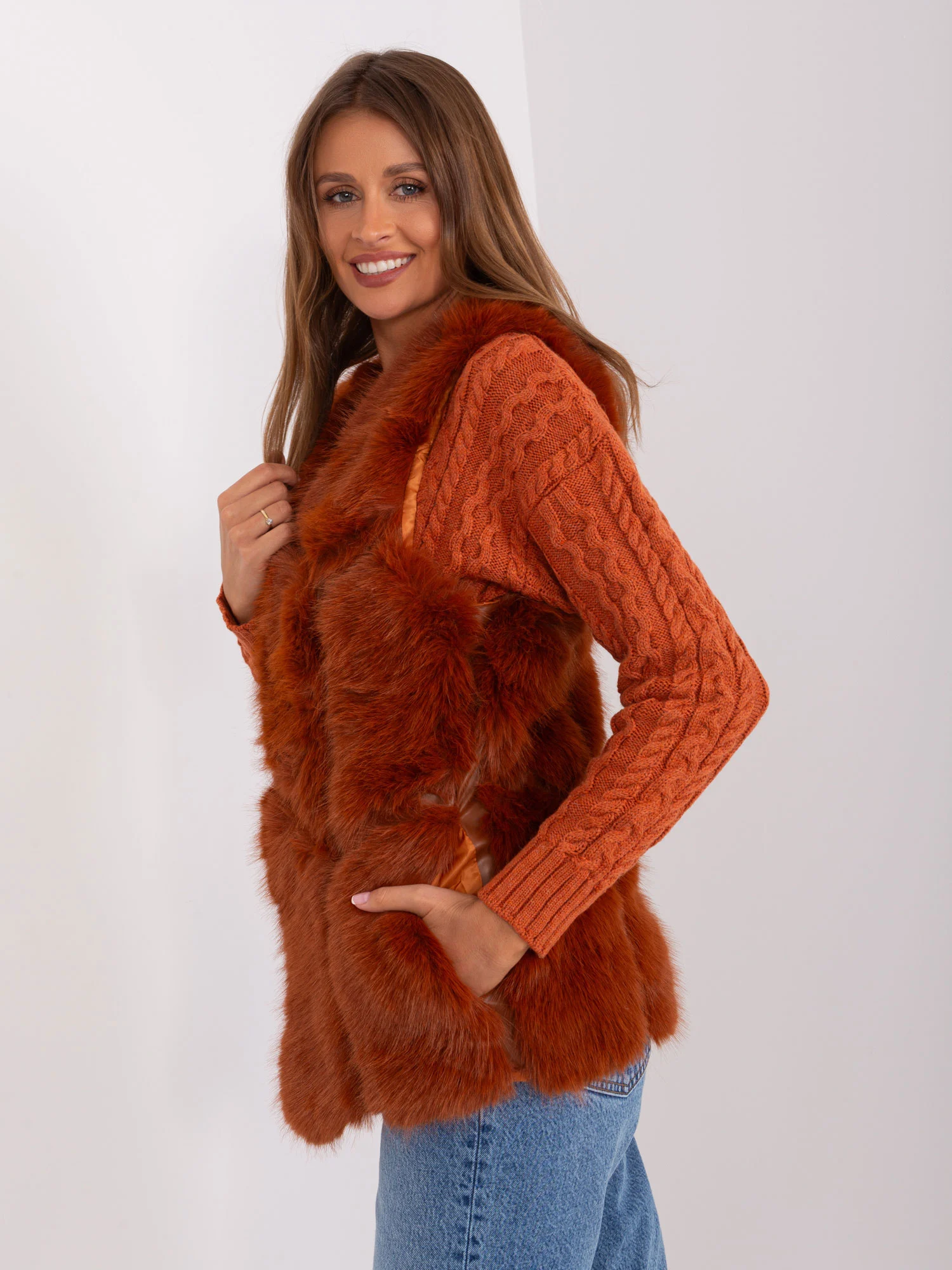 Vesta Dama Fara maneci, Guler inalt, Wool Fashion Italia, Portocaliu de Vara - imagine 4