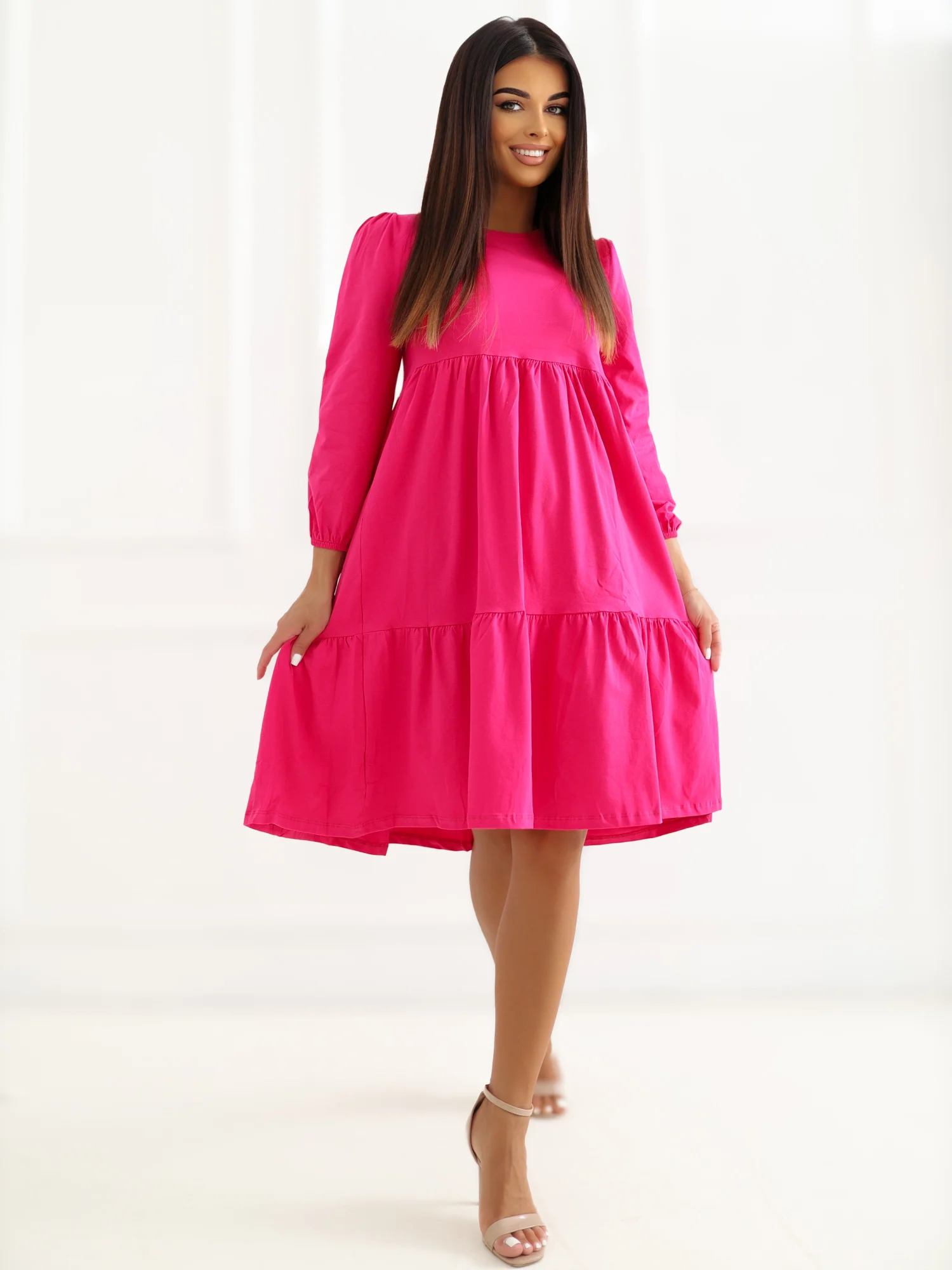 Rochie Dama Midi, Decolteu rotund, RUE PARIS, Fucsia Casual - Image 3