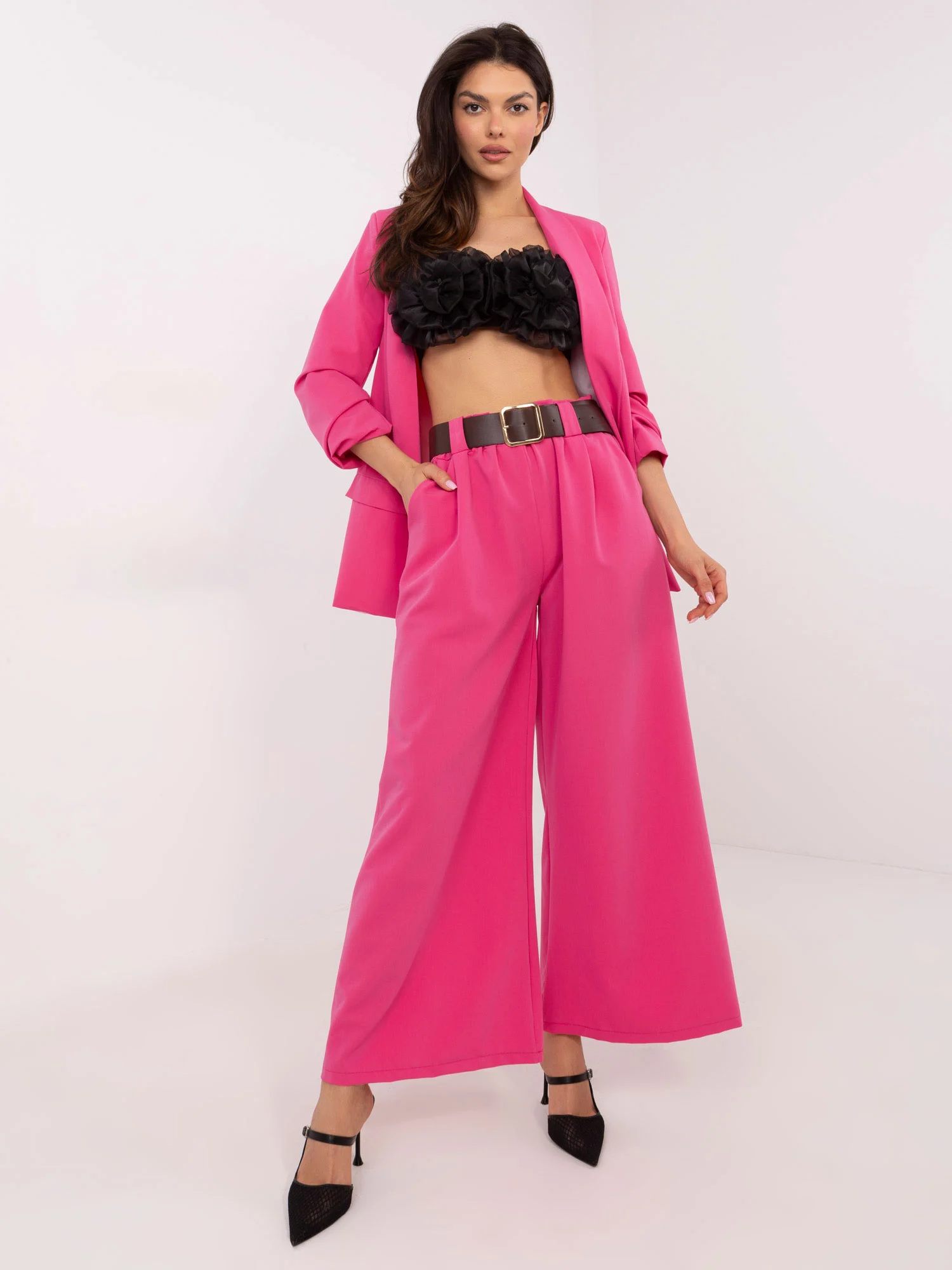 Pantaloni Dama Lejera, Guler inalt, ITALY MODA, Roz Eleganta Office - imagine 2