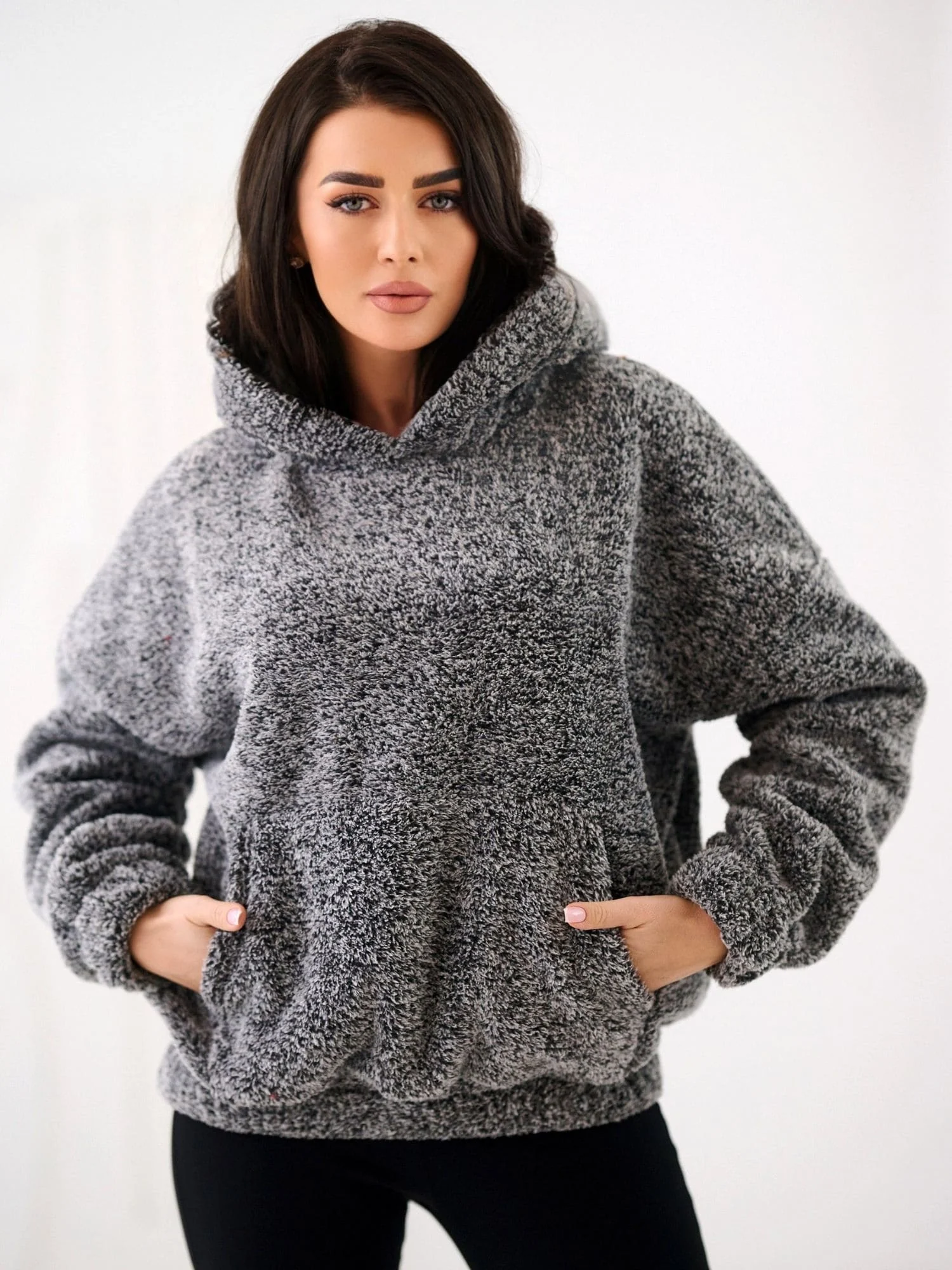 Hanorac Dama Maneca lunga, Decolteu cu gluga, BETIA, Gri Casual - imagine 4