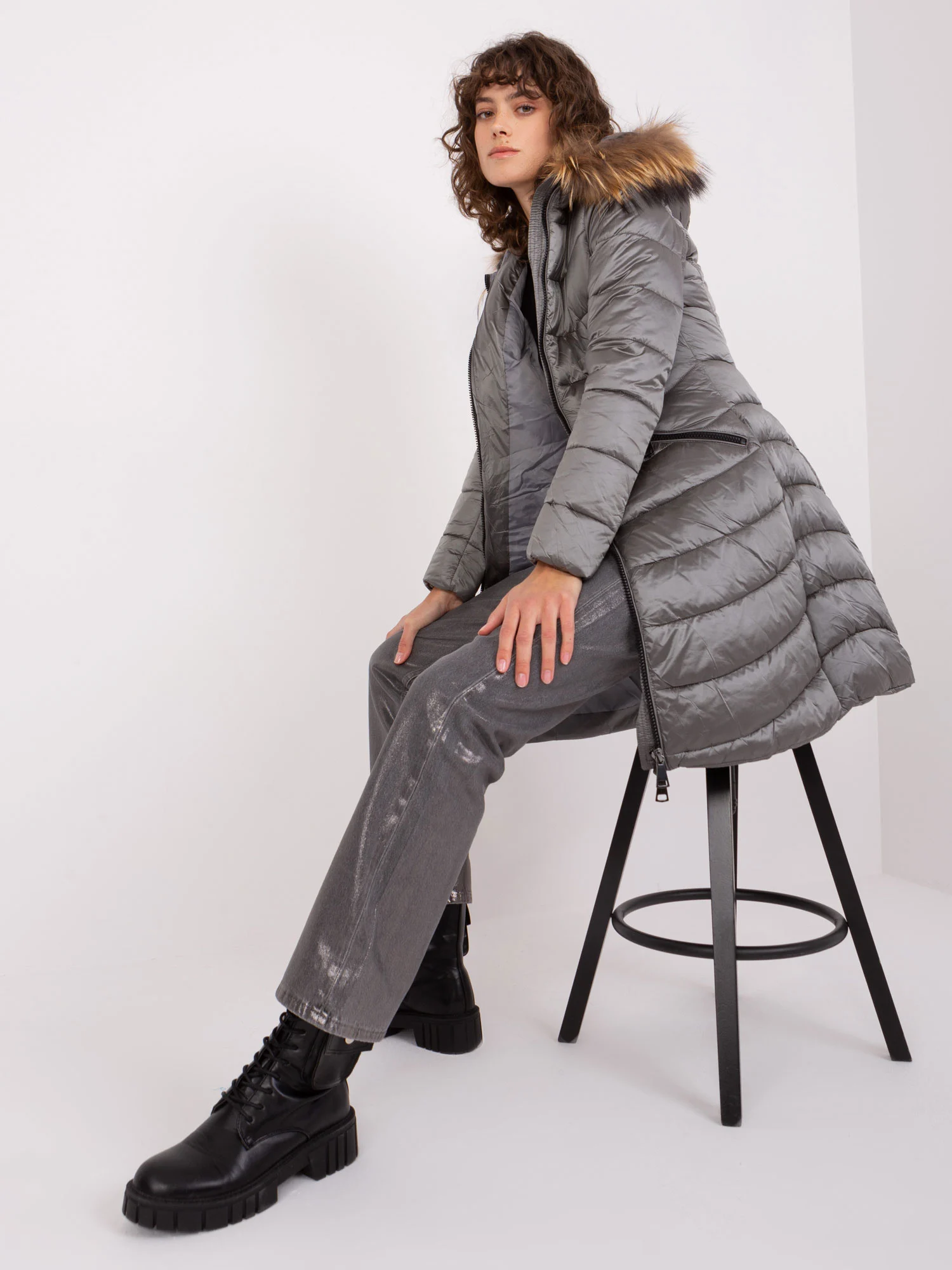 Jacheta Dama Maneca lunga, Guler inalt, Trendy. ING, Gri Casual - imagine 6