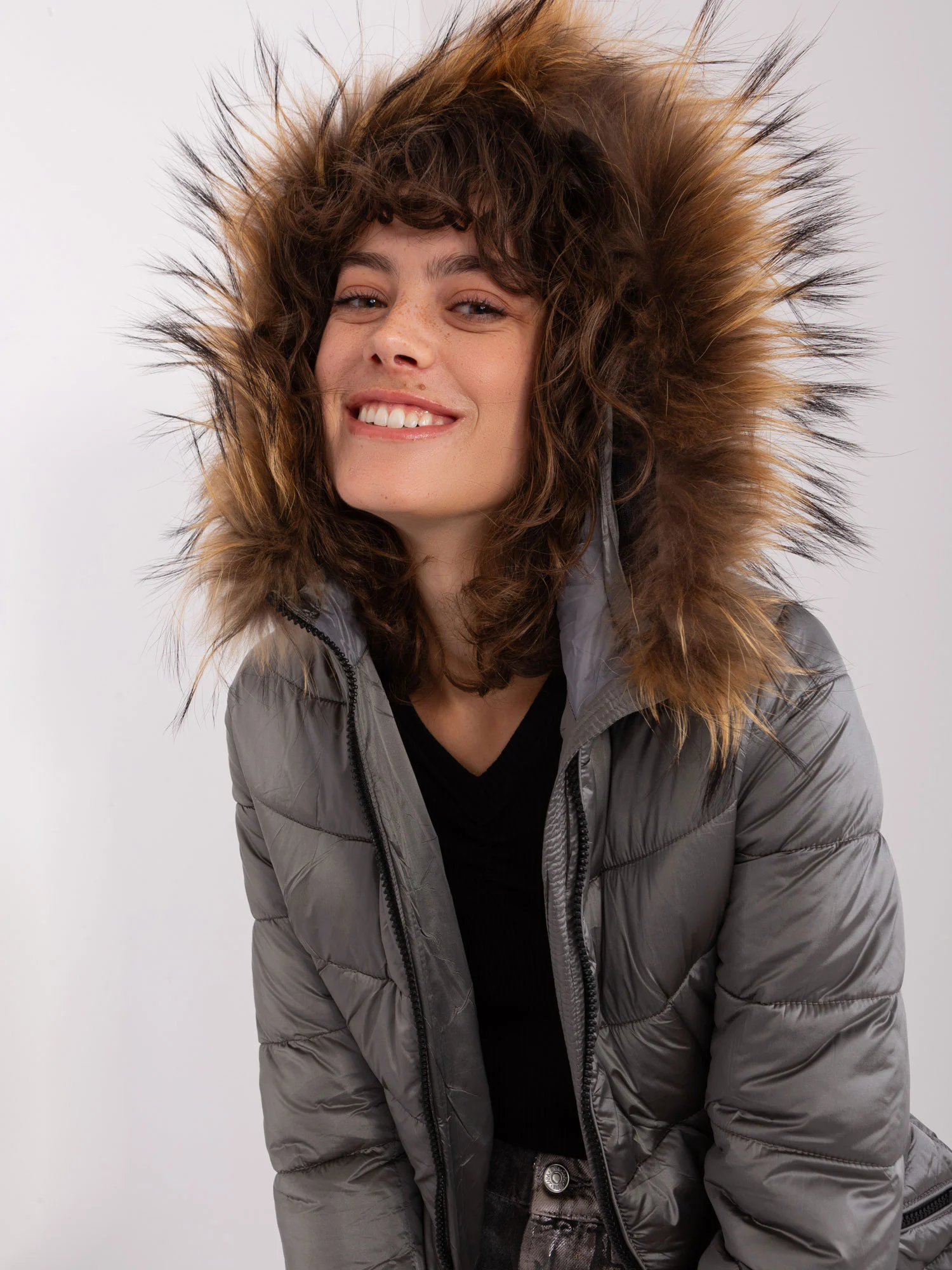 Jacheta Dama Maneca lunga, Guler inalt, Trendy. ING, Gri Casual - imagine 3