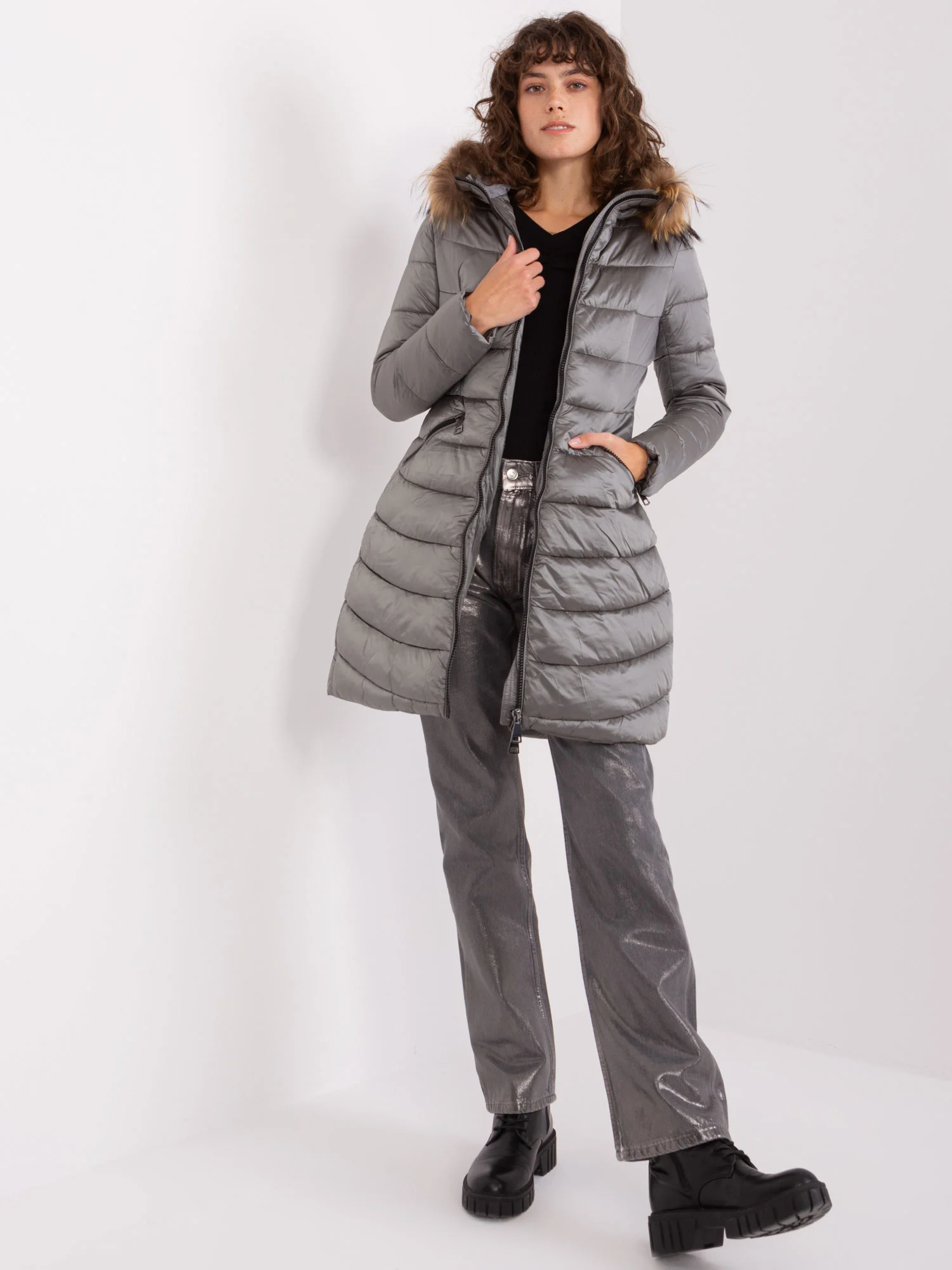 Jacheta Dama Maneca lunga, Guler inalt, Trendy. ING, Gri Casual - imagine 5