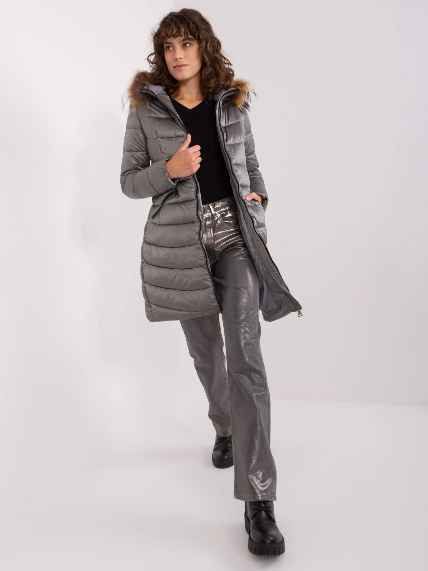 Jacheta Dama Maneca lunga, Guler inalt, Trendy. ING, Gri Casual - imagine 7