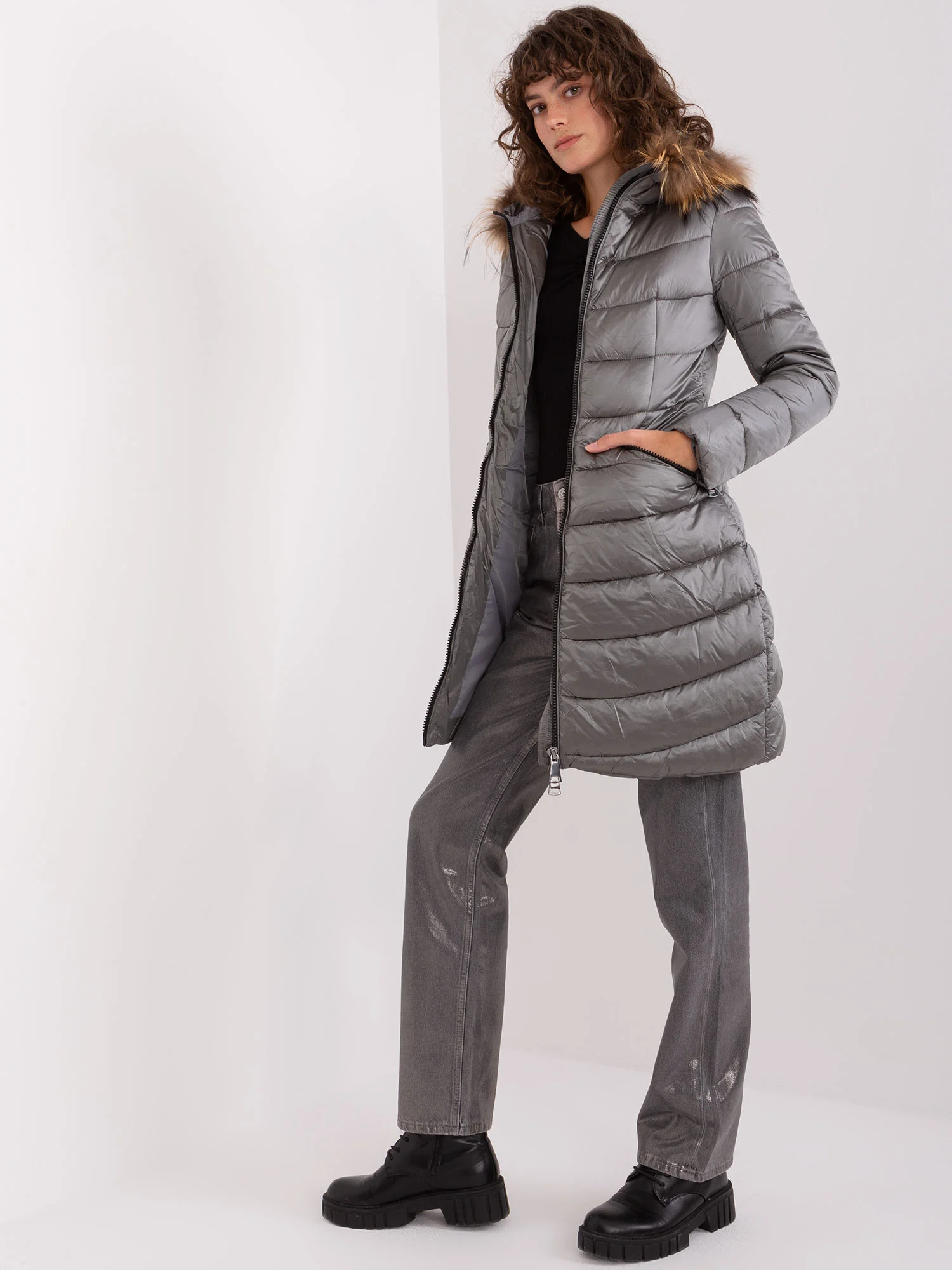 Jacheta Dama Maneca lunga, Guler inalt, Trendy. ING, Gri Casual - imagine 2