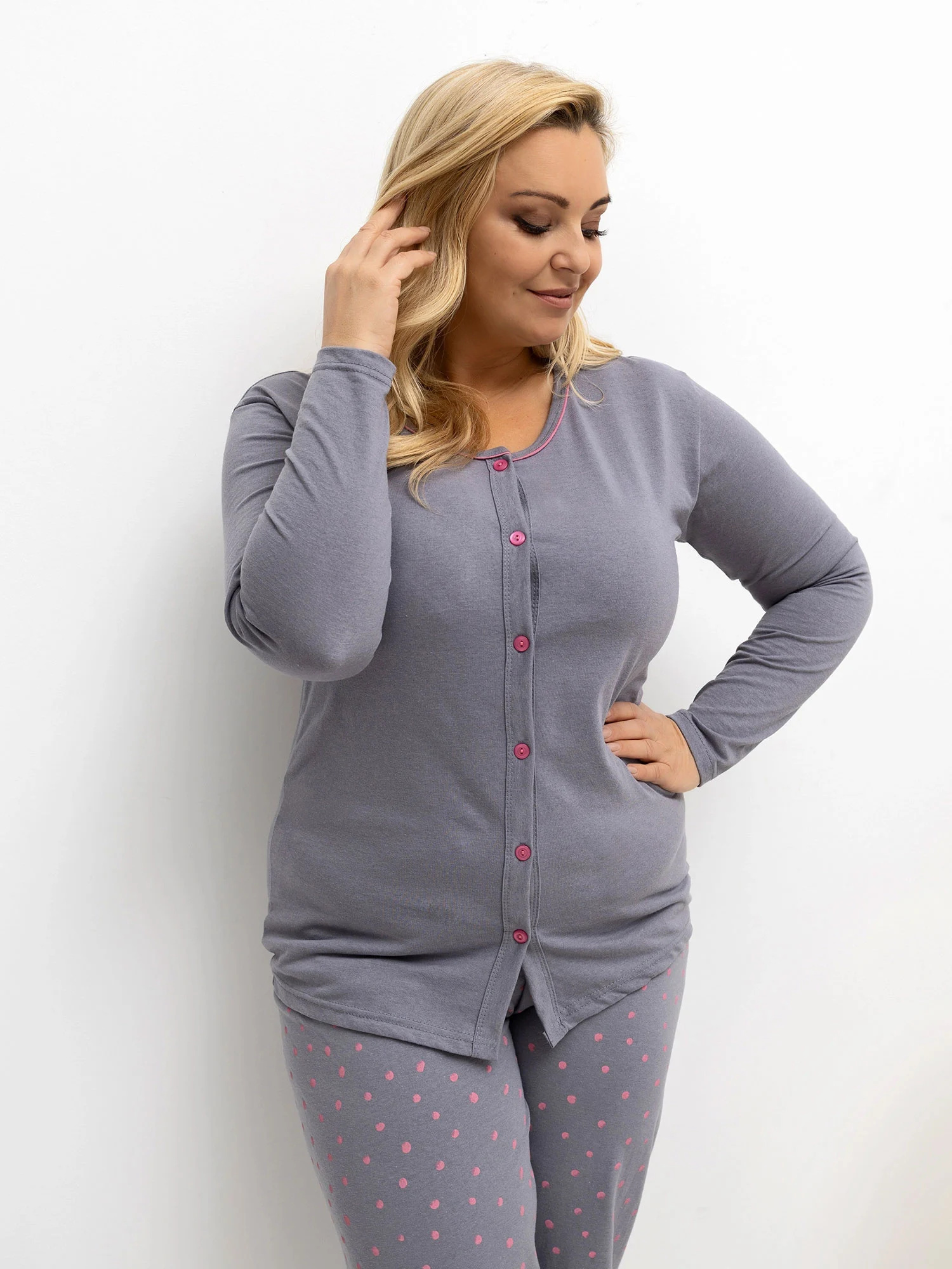 Pijama Dama Maneca lunga, Buline, Forever Pink, Gri Marimi Mari - imagine 5